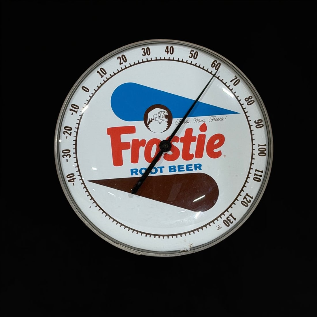 Frostie Root Beer Thermometer: Functioning thermometer. 12" H. All items are eligible for free delivery to Rustbelt Americana in East Moline, IL on 8/6-7 or other shows that Richmond Auctions attends. Size 12" H Medium Tin