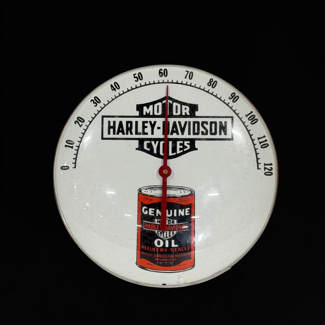 Harley Davidson Motor Cycles Thermometer: Functioning thermometer. 12" H. All items are eligible for free delivery to Rustbelt Americana in East Moline, IL on 8/6-7 or other shows that Richmond Auctions attends. Size 12" H Medium Tin