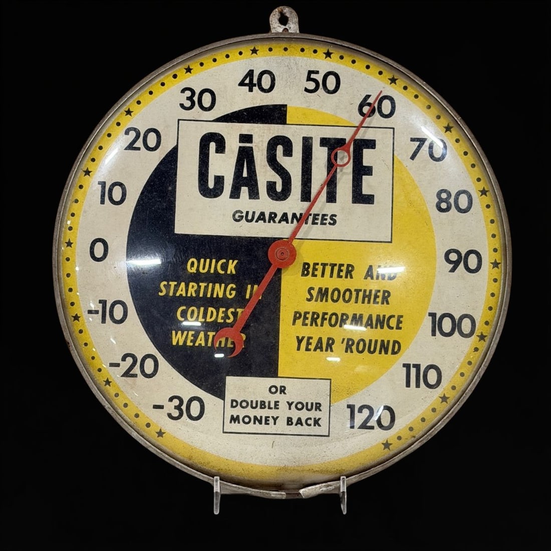 Casite Guarantees Quick Starting Thermometer: Functional thermometer. 12" H. All items are eligible for free delivery to Rustbelt Americana in East Moline, IL on 8/6-7 or other shows that Richmond Auctions attends. Size 12" H Medium Tin