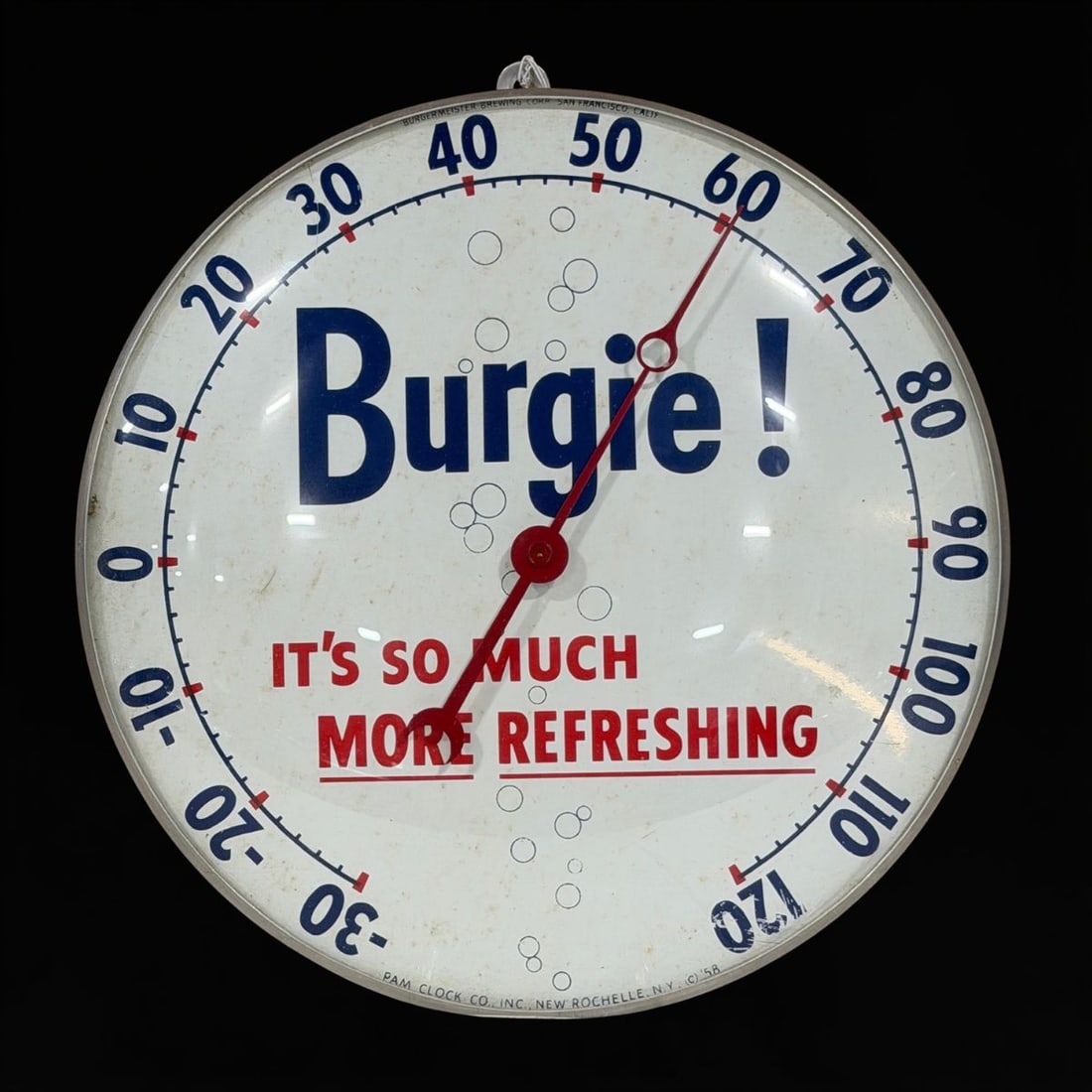 Burgie More Refreshing Soda Thermometer: Functional thermometer. 12" H. All items are eligible for free delivery to Rustbelt Americana in East Moline, IL on 8/6-7 or other shows that Richmond Auctions attends. Size 12" H Medium Tin