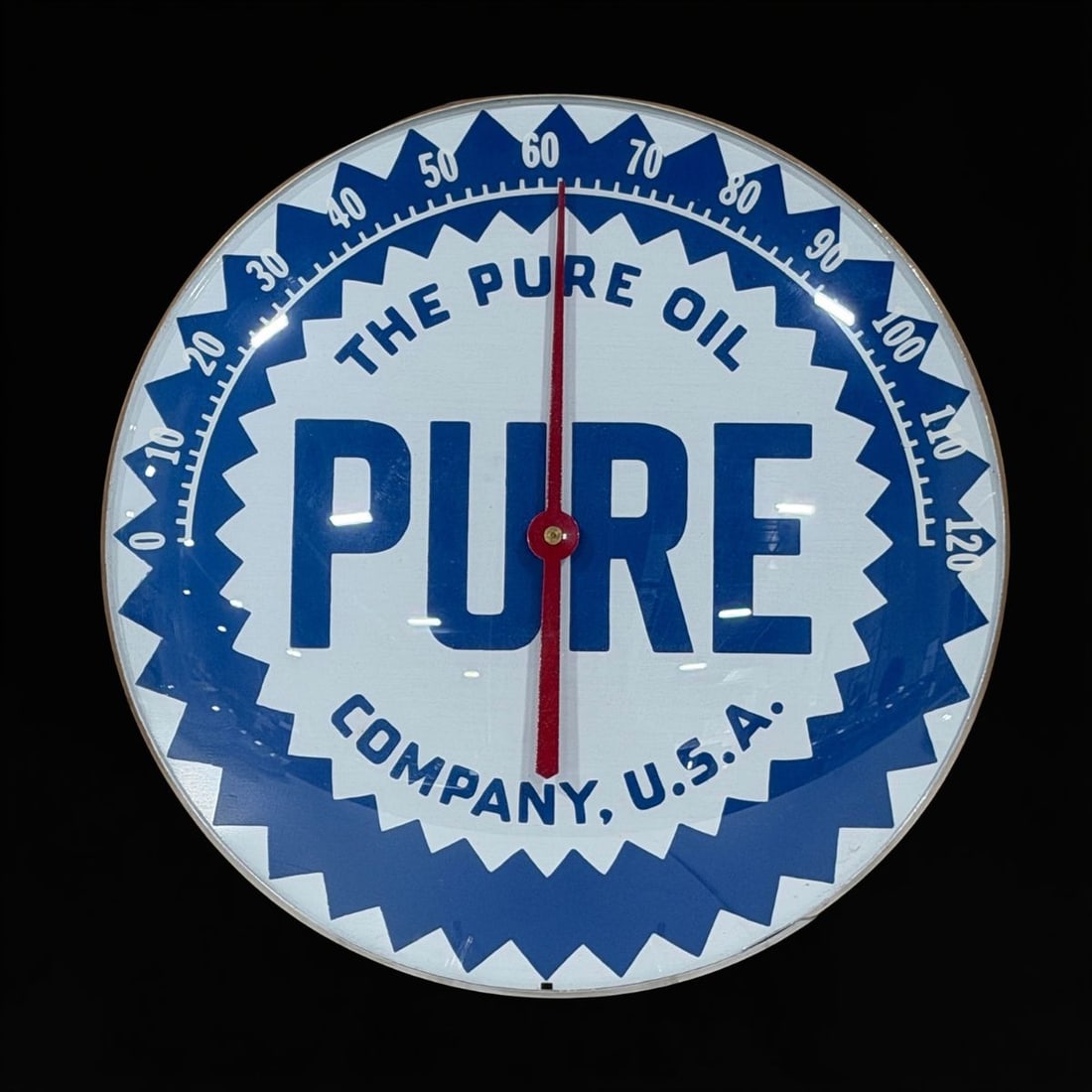 The Pure Oil Thermometer: Functional thermometer. 12" H. All items are eligible for free delivery to Rustbelt Americana in East Moline, IL on 8/6-7 or other shows that Richmond Auctions attends. Size 12" H Medium Tin