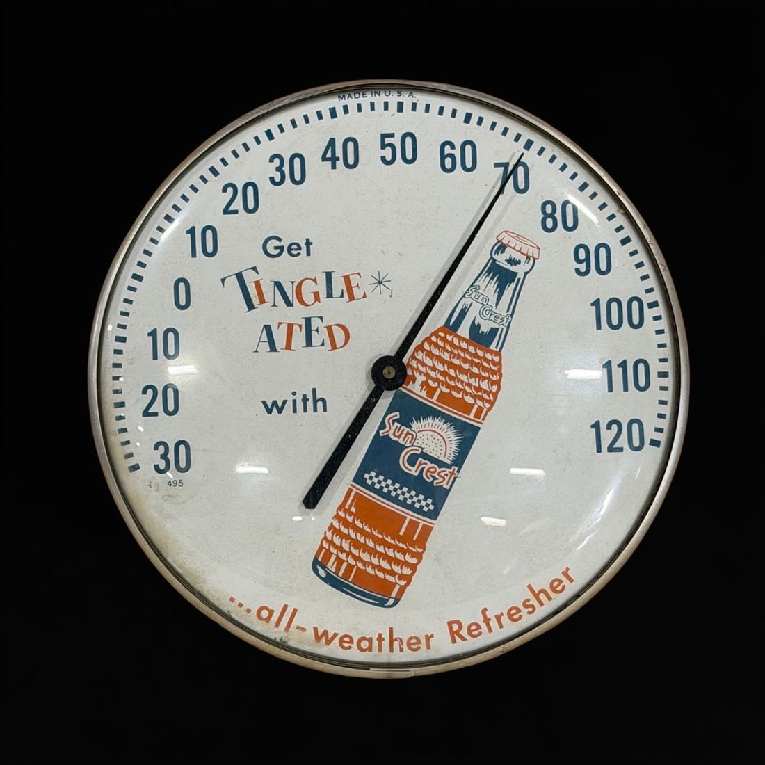 Suncrest Tingleated Soda Thermometer: Reads a little high, but functioning thermometer. 12" H. All items are eligible for free delivery to Rustbelt Americana in East Moline, IL on 8/6-7 or other shows that Richmond Auctions attends. Size 