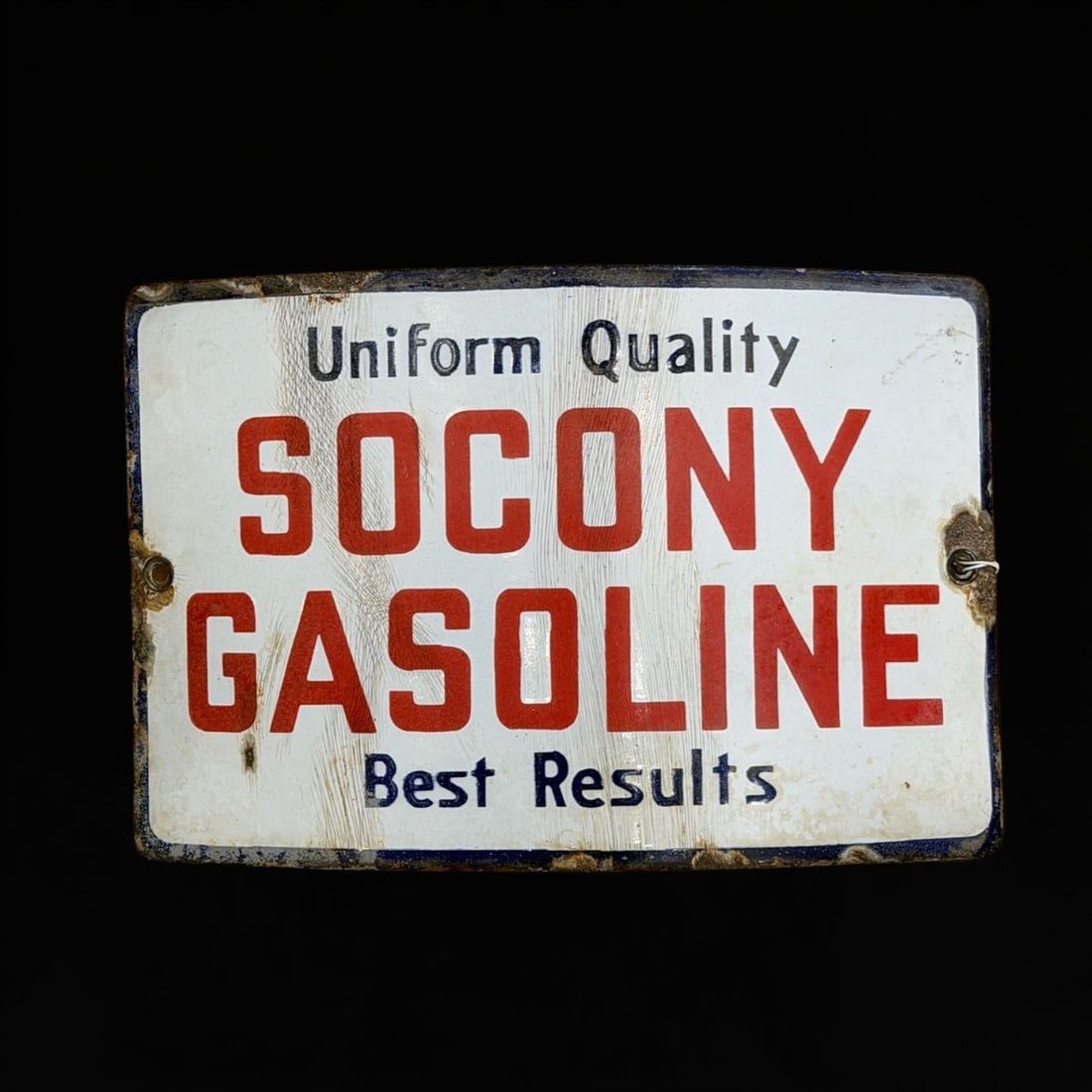Uniform Quality Socony Gasoline Pump Plate Sign: Stress marks running vertically throughout. Chips all along edge and grommets. 8" H x 11" W x 2" D. All items are eligible for free delivery to Rustbelt Americana in East Moline, IL on 8/6-7 or other