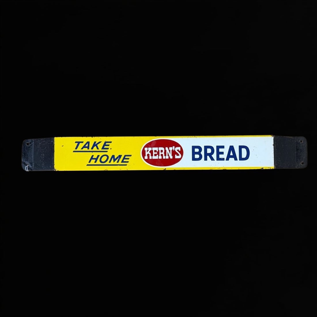Take Home Kern's Bread Door Push Sign: Scratches throughout and chips on the edge. 27" H x 3" W x 2" D. All items are eligible for free delivery to Rustbelt Americana in East Moline, IL on 8/6-7 or other shows that Richmond Auctions