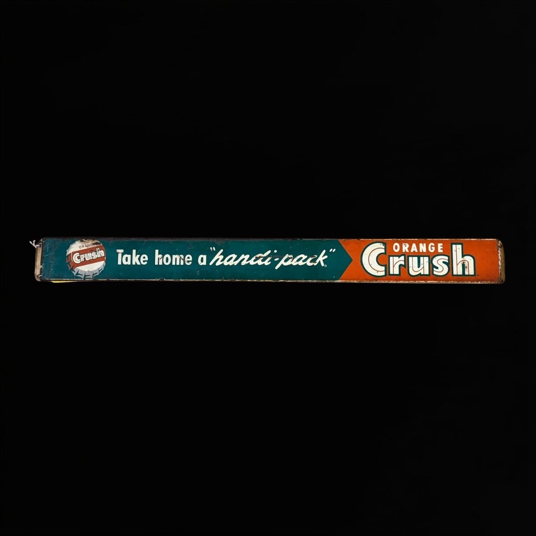 Orange Crush Take Home A Hand Pack Door Push Sign: Significant wear throughout. Edges are totally worn through. 32" H x 3" W x 2" D. All items are eligible for free delivery to Rustbelt Americana in East Moline, IL on 8/6-7 or other shows that