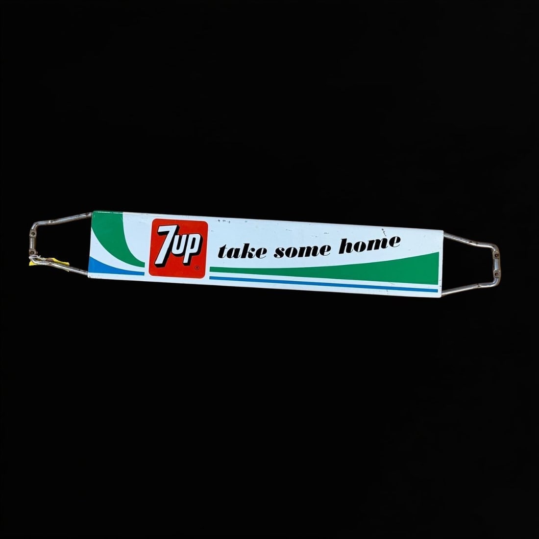 7Up Take Some Home Door Push Sign: Chips along the top 1/4. Field mostly clean. 28" H x 4" W x 1" D. All items are eligible for free delivery to Rustbelt Americana in East Moline, IL on 8/6-7 or other shows that Richmond Auctions