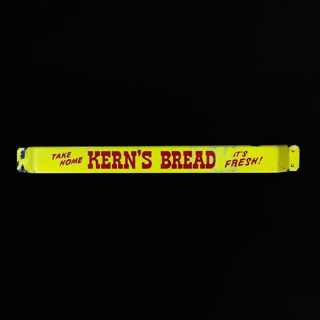 Kern's Bread It's Fresh Door Push Sign: Staining throughout and chips on the edges. Thank you call again on back side. 34" H x 3" W x 2" D. All items are eligible for free delivery to Rustbelt Americana in East Moline, IL on 8/6-7 or other