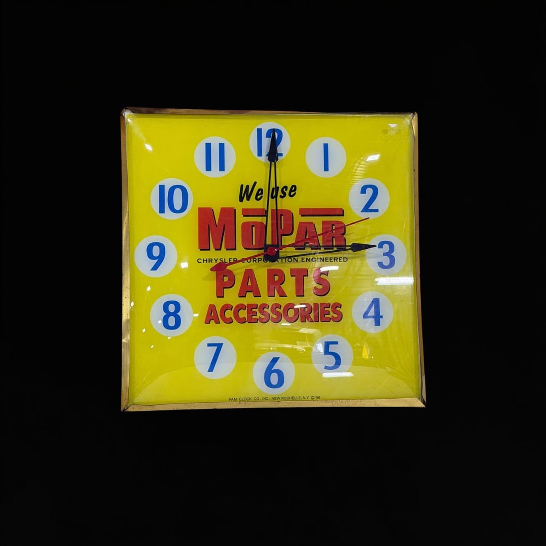 Mopar Parts And Accessories Pam Clock: Light works but the clock mechanism does not. 16" H x 16" W x 4" D. All items are eligible for free delivery to Rustbelt Americana in East Moline, IL on 8/6-7 or other shows that Richmond Auctions att