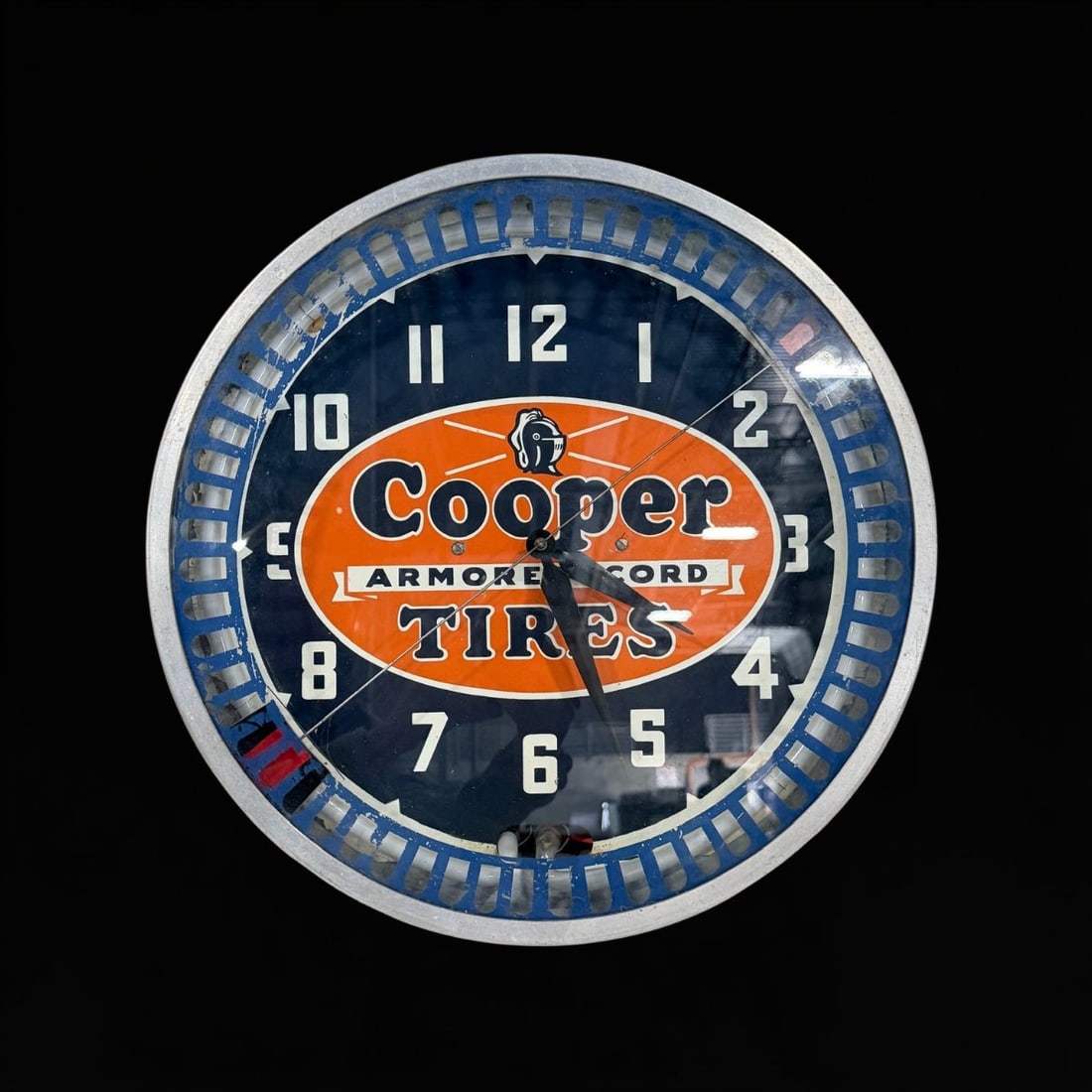 Cooper Tires Neon Clock: Neon works, but clock mechanism is slow to start working. 18" H x 18" W x 6" D. All items are eligible for free delivery to Rustbelt Americana in East Moline, IL on 8/6-7 or other shows that Richmond 
