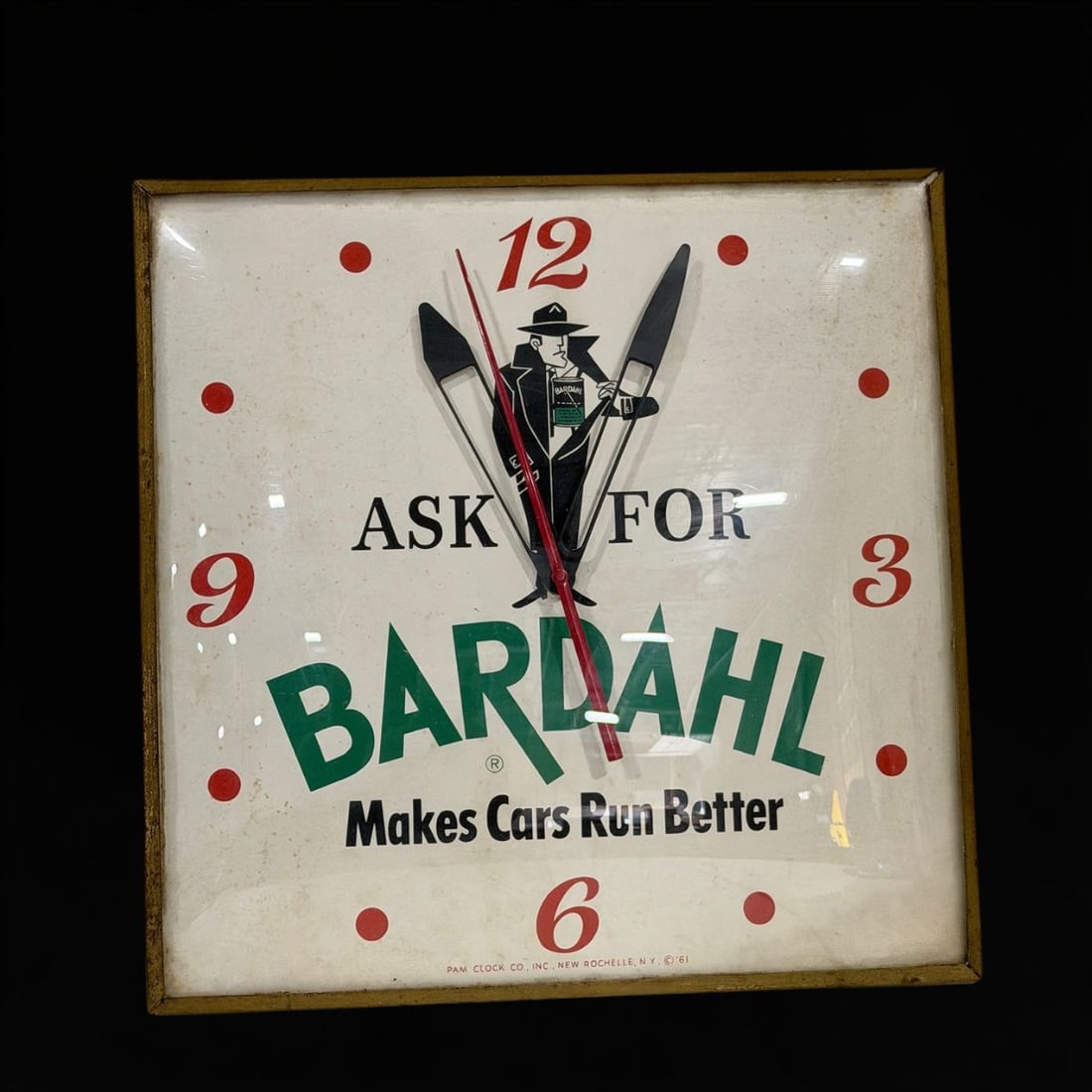 Ask For Bardahl Makes Cars Run Better Pam Block: Clock mechanism isn't working. 15" H x 15" W x 2" D. All items are eligible for free delivery to Rustbelt Americana in East Moline, IL on 8/6-7 or other shows that Richmond Auctions attends. Size 15"