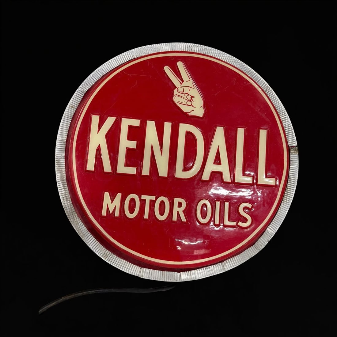 Kendall Motor Oils Embossed Plastic Light Up Sign: In working condition. Scratches throughout. 26" H x 26" W x 8" D. All items are eligible for free delivery to Rustbelt Americana in East Moline, IL on 8/6-7 or other shows that Richmond Auctions