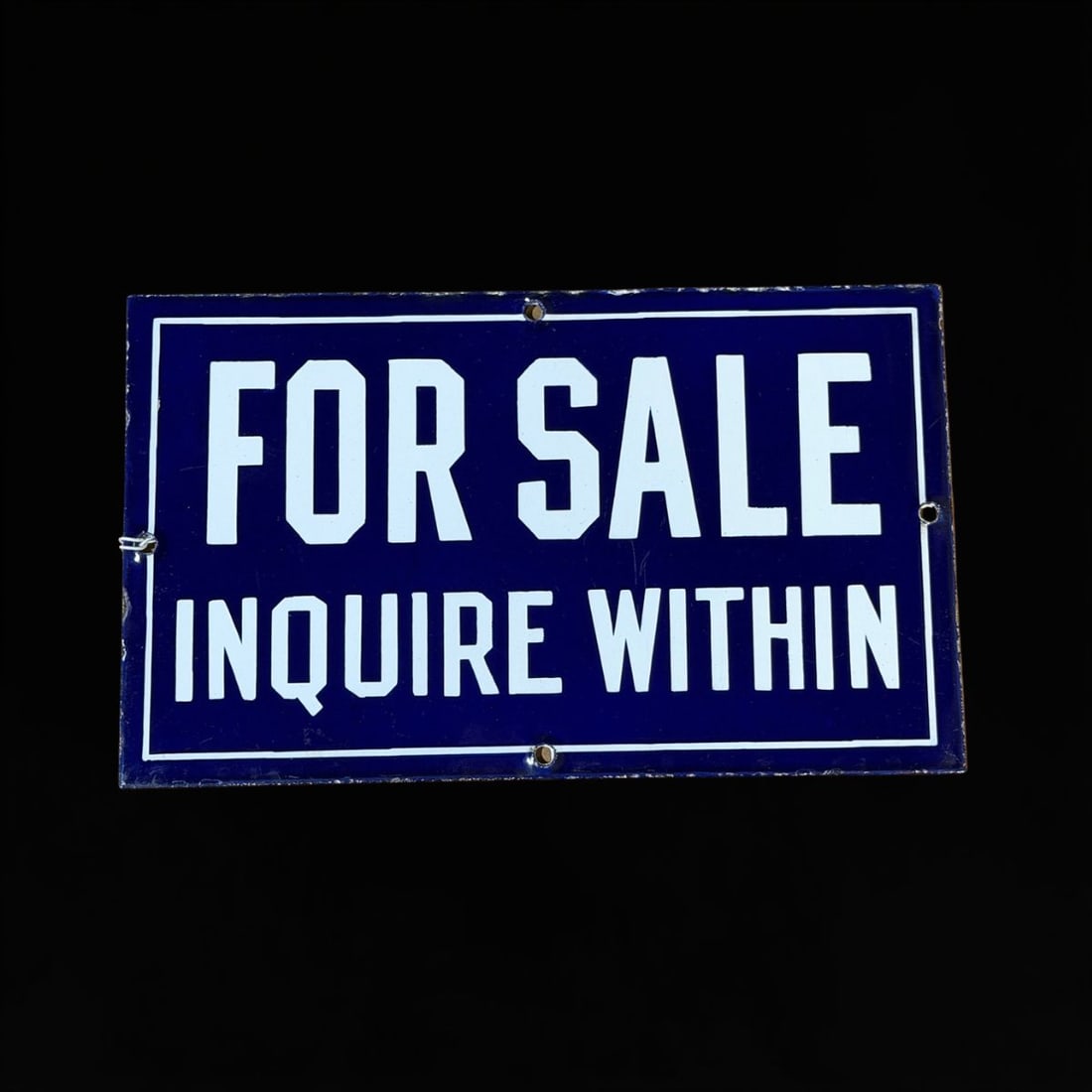Fore Sale Inquire Within Porcelain Sign: Presents with light scratching. 6" H x 10" W. All items are eligible for free delivery to Rustbelt Americana in East Moline, IL on 8/6-7 or other shows that Richmond Auctions attends. Size 6" H x 10"