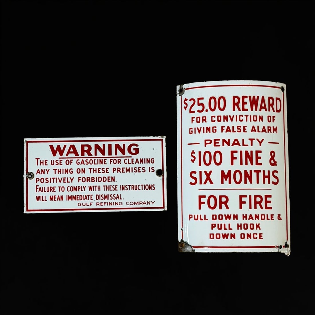 Gulf Warning And 25.00 Reward Sign: Chips along edges of both, especially at the corners. 10" H x 7" W. All items are eligible for free delivery to Rustbelt Americana in East Moline, IL on 8/6-7 or other shows that Richmond Auctions