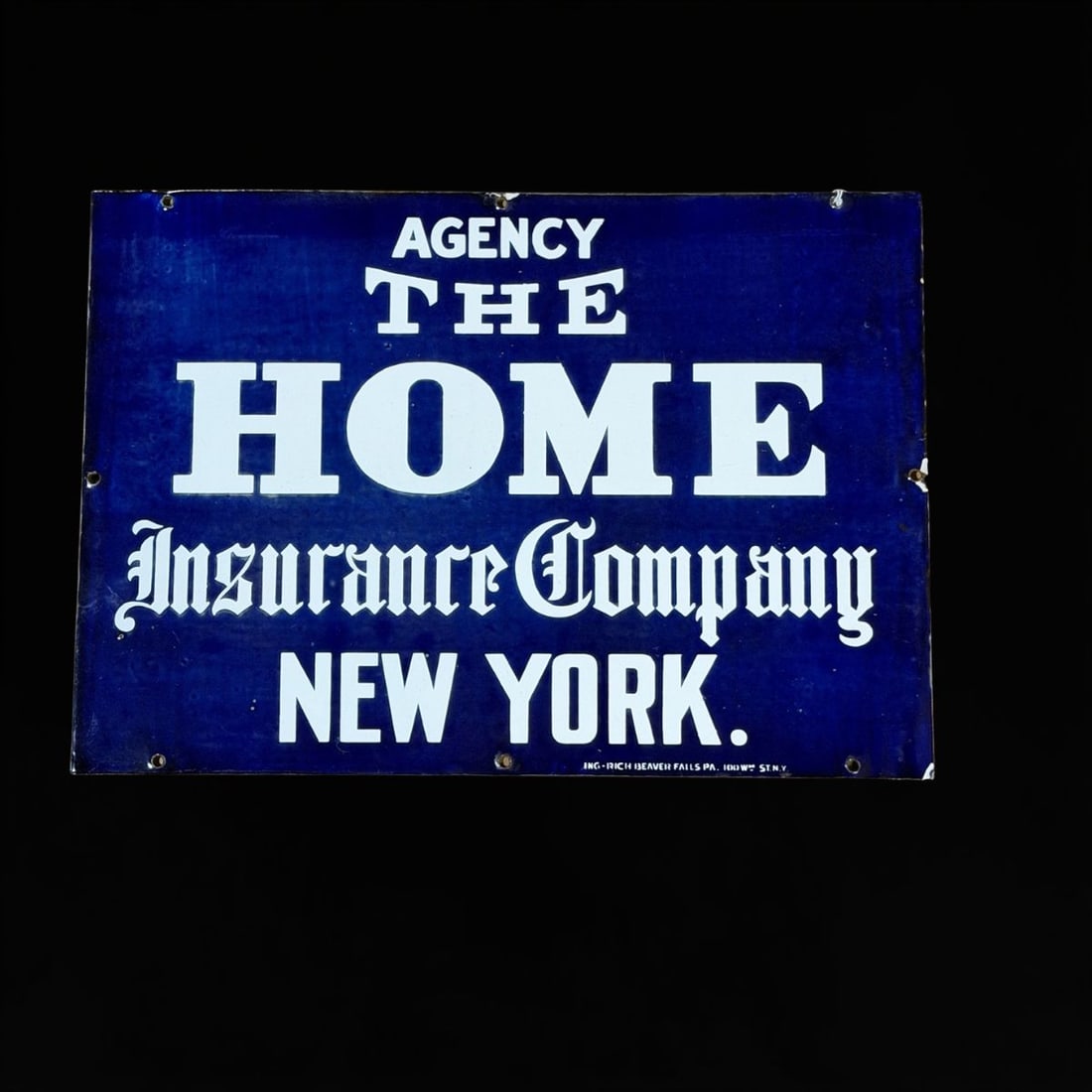 The Home Agency Insurance Company New York Sign: ING Rich manufactured. Chips around mounting holes. Fading throughout the blue. 14" H x 20" W. All items are eligible for free delivery to Rustbelt Americana in East Moline, IL on 8/6-7 or other