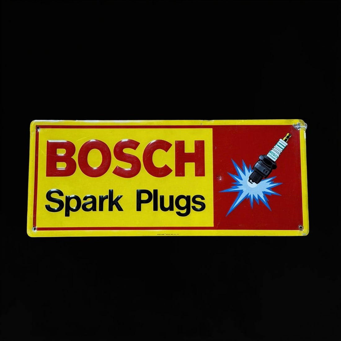 Bosch Spark Plugs Tin Metal Sign.: Slight bend on lower left corner. Dent above H. Light scratching throughout but still presents very strong. 24" H x 10" W. All items are eligible for free delivery to Rustbelt Americana in East