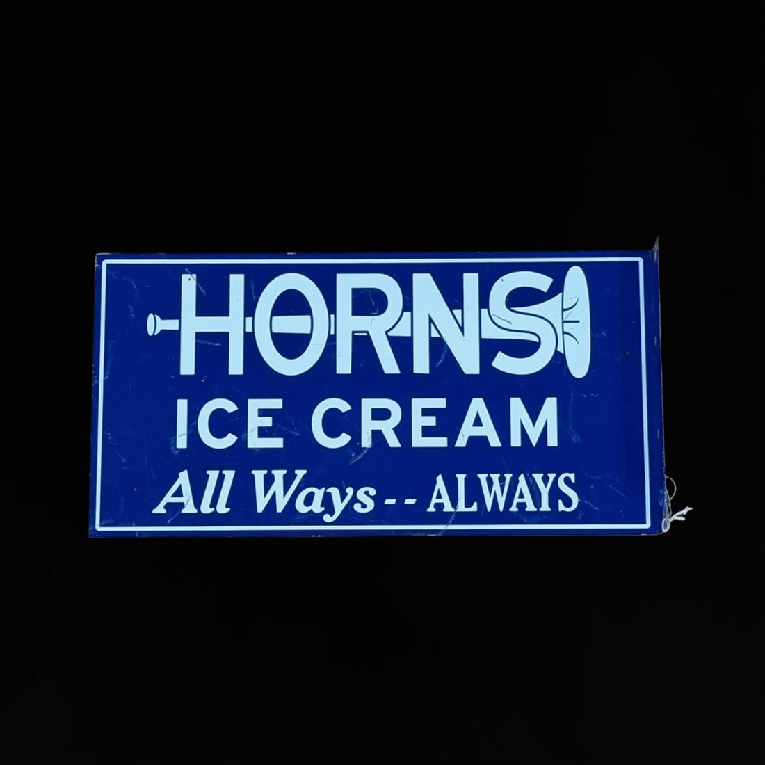 Horns Ice Cream All Ways Always Flange Sign: Scratches throughout. Kresky sign manufacture. Unusual flange. 13" H x 7" W x 1" D. All items are eligible for free delivery to Rustbelt Americana in East Moline, IL on 8/6-7 or other shows that Richm