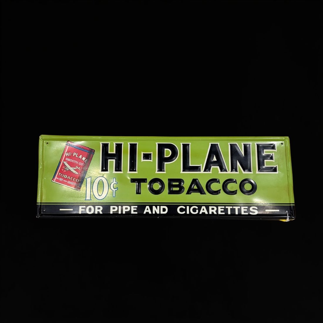 Hi Plane Tobacco Cigarettes Tin Metal Sign: Very light scratching, presents very well. Lays flat. 36" H x 12" W. All items are eligible for free delivery to Rustbelt Americana in East Moline, IL on 8/6-7 or other shows that Richmond Auctions