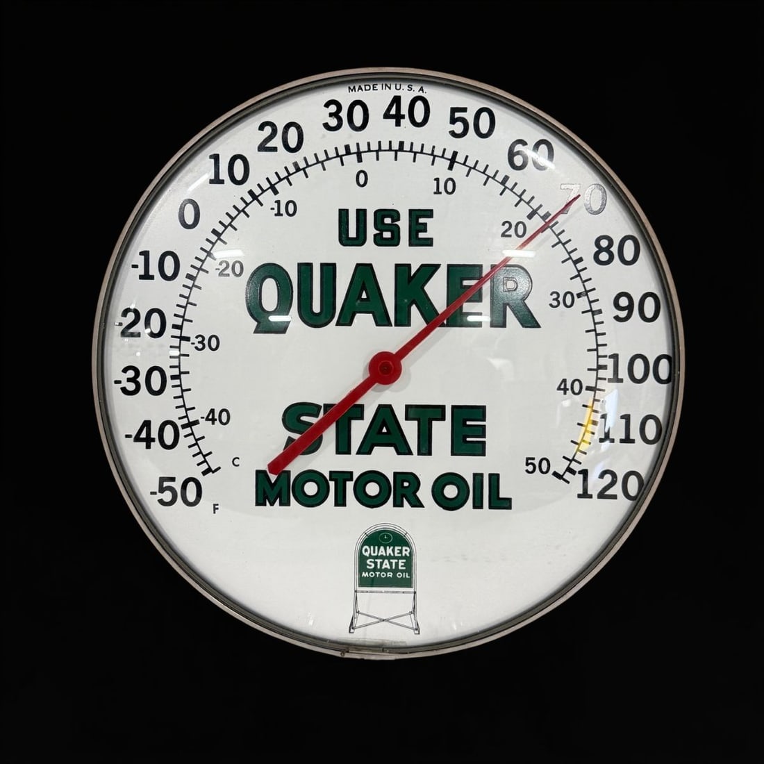 Use Quaker State Motor Oil Thermometer: Excellent condition works as it should. 12" H. All items are eligible for free delivery to Rustbelt Americana in East Moline, IL on 8/6-7 or other shows that Richmond Auctions attends. Size 12" H