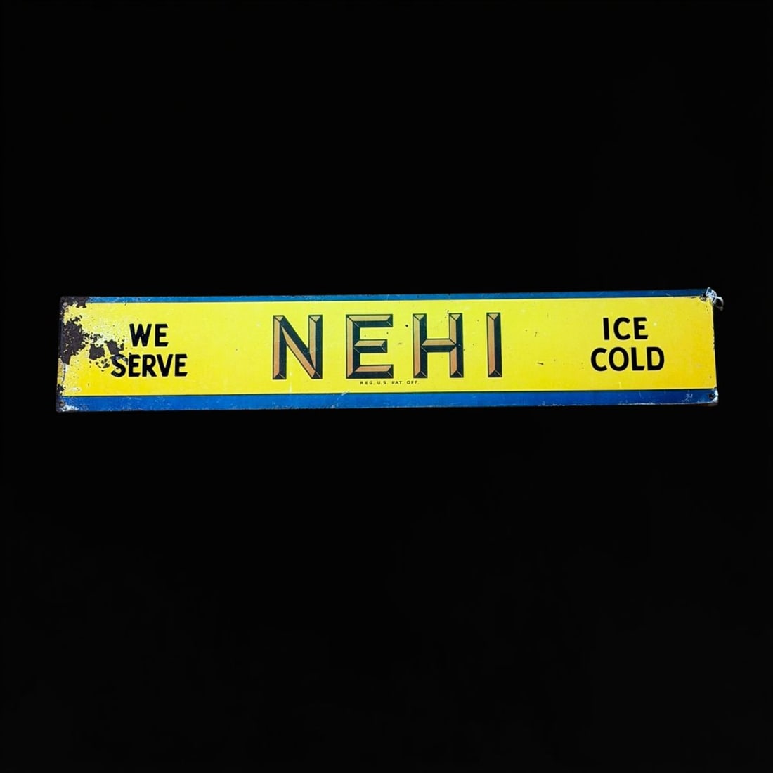 Nehi Ice Cold Tin Metal Sign: Heavily faded and worn. 27" H x 5" W. All items are eligible for free delivery to Rustbelt Americana in East Moline, IL on 8/6-7 or other shows that Richmond Auctions attends. Size 27" H x 5" W