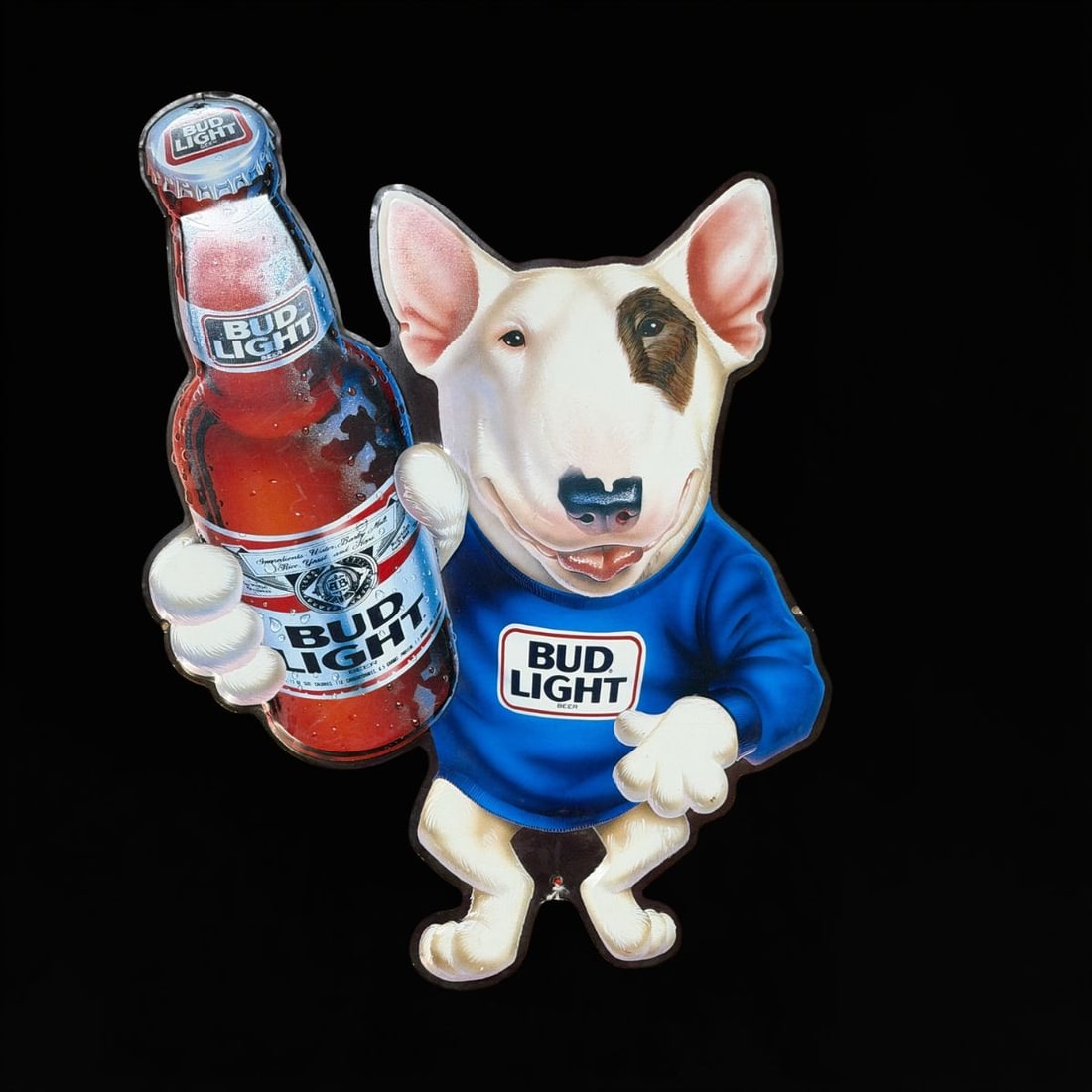 Spud Mckenzie Bud Light Tin Metal Sign: Shelf wear present, but a nice hanger. 27" H x 19" W. All items are eligible for free delivery to Rustbelt Americana in East Moline, IL on 8/6-7 or other shows that Richmond Auctions attends. Size