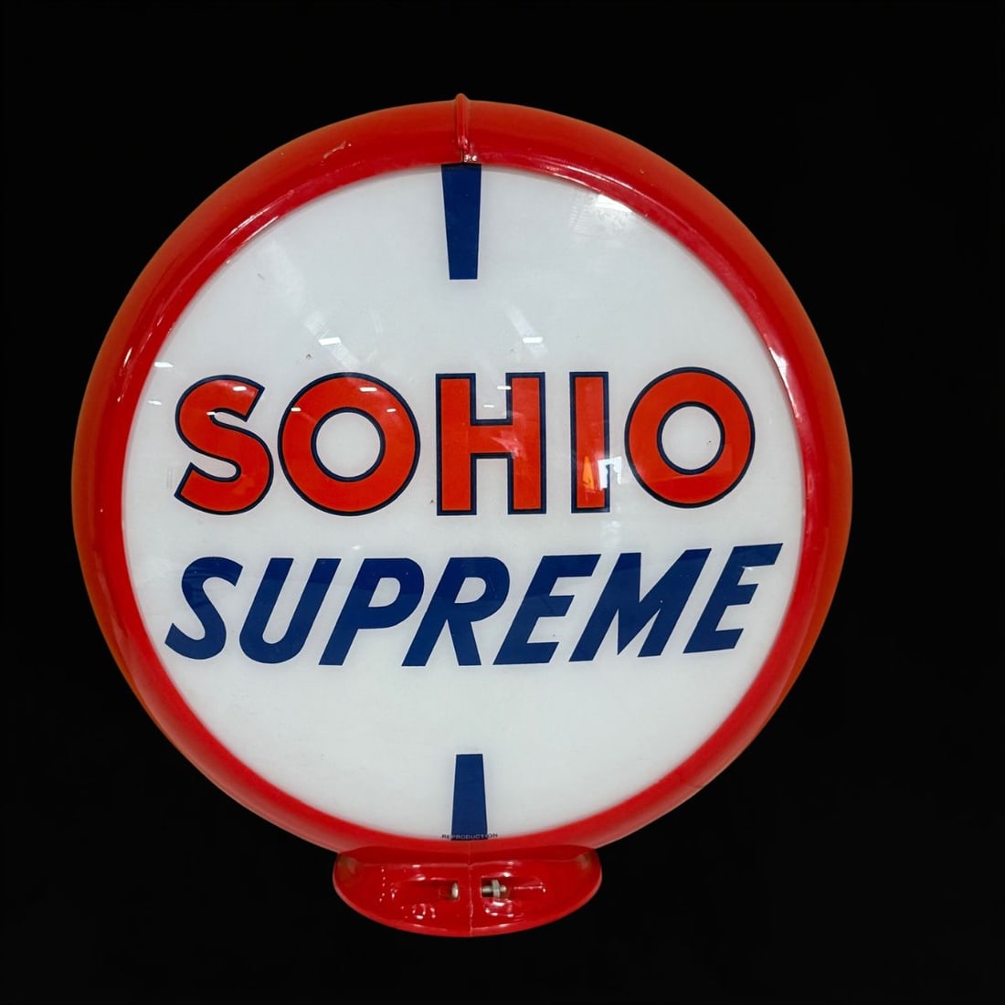 Sohio Supreme Gas Pump Globe: Reproduction on a plastic body. 13�" H. All items are eligible for free delivery to Rustbelt Americana in East Moline, IL on 8/6-7 or other shows that Richmond Auctions attends. Size