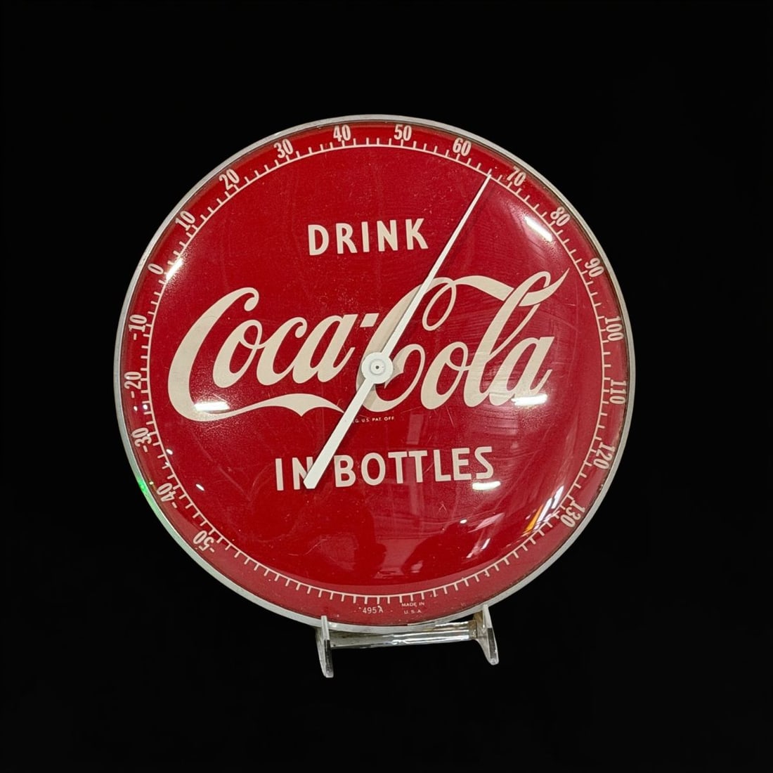 Drink Coca Cola Coke Soda Thermometer: Clean face works as it should. Marked 495A. 12" H. All items are eligible for free delivery to Rustbelt Americana in East Moline, IL on 8/6-7 or other shows that Richmond Auctions attends. Size 12" H 