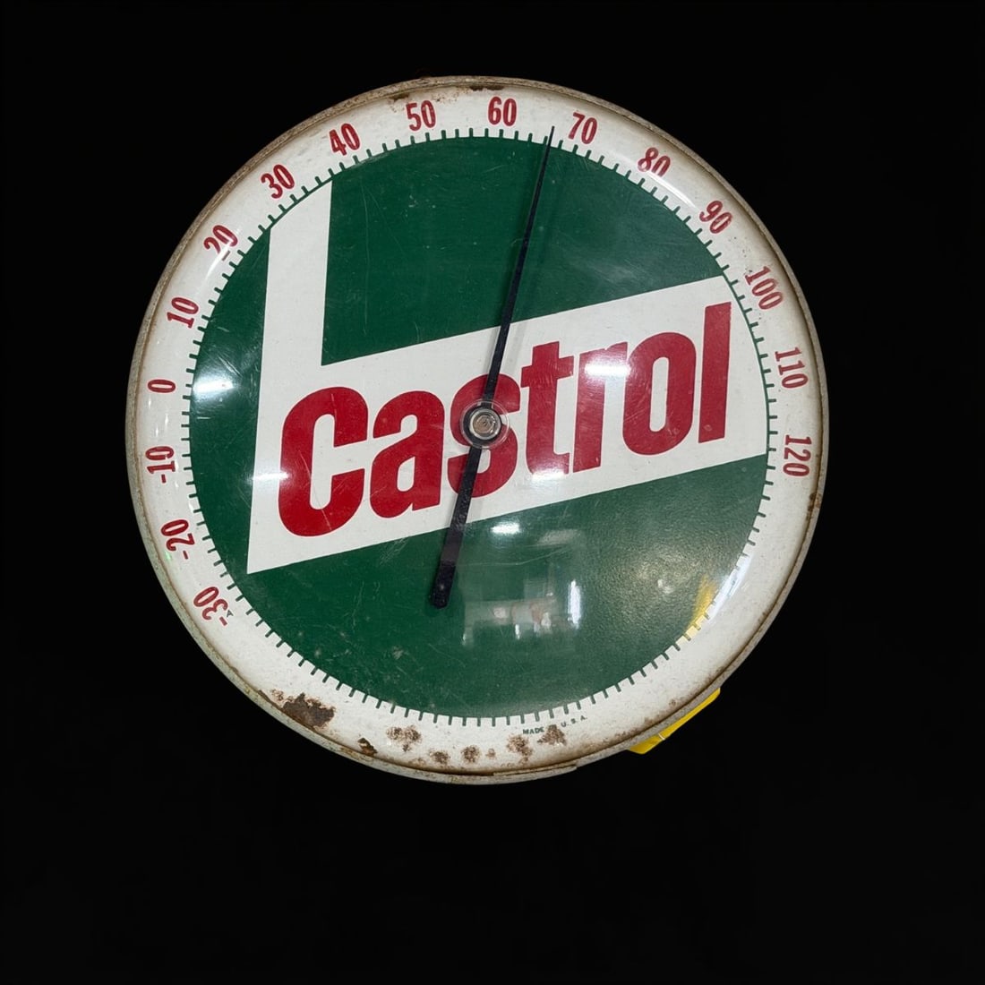 Castrol Oil Thermometer: Rust present on face, but works as it should. 12" H. All items are eligible for free delivery to Rustbelt Americana in East Moline, IL on 8/6-7 or other shows that Richmond Auctions attends. Size 12"