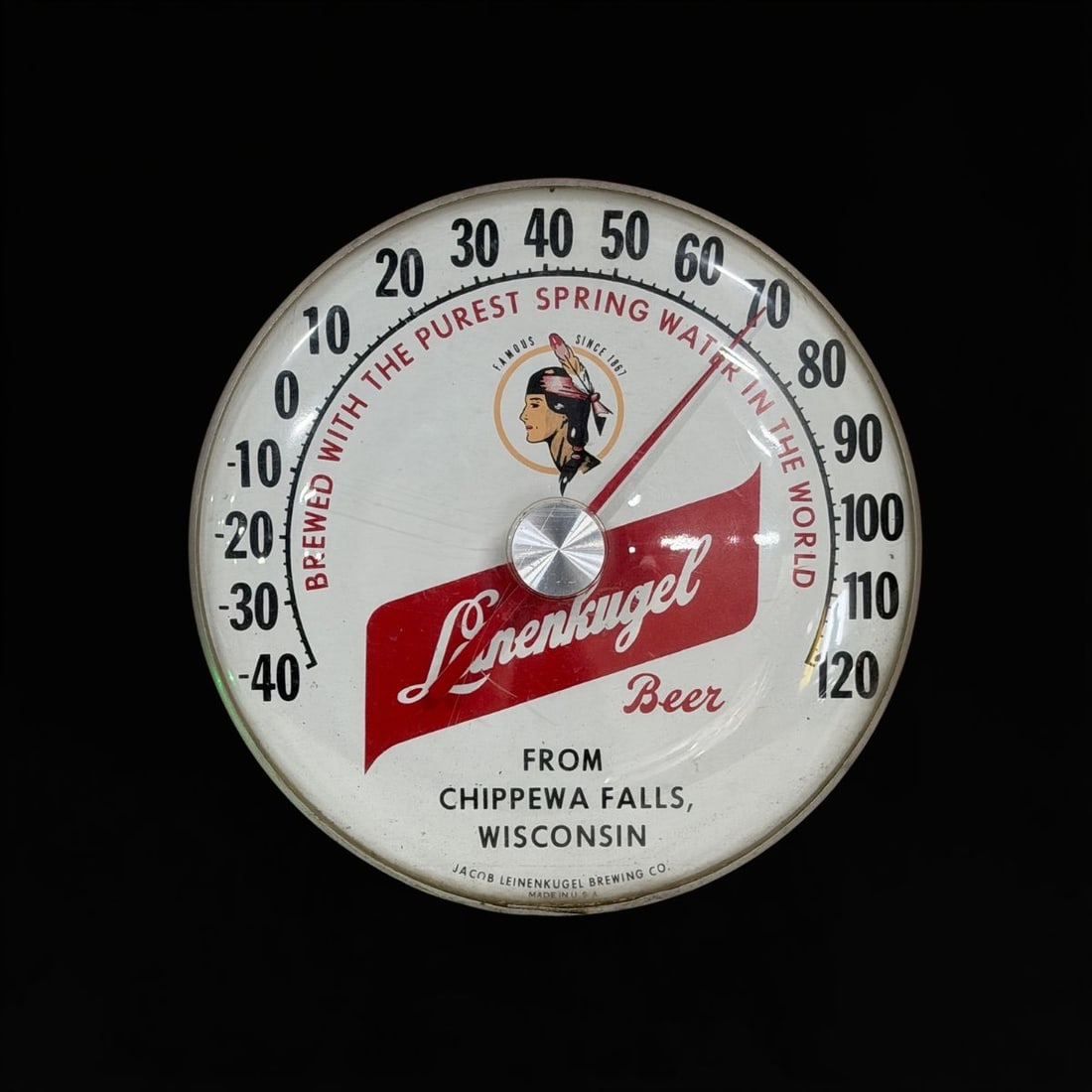 Lenenkugel Beer Chippewa Falls Wisconsin Thermometer: Wear on the face, but works as it should. Famous since 1867. 12" H. All items are eligible for free delivery to Rustbelt Americana in East Moline, IL on 8/6-7 or other shows that Richmond Auctions