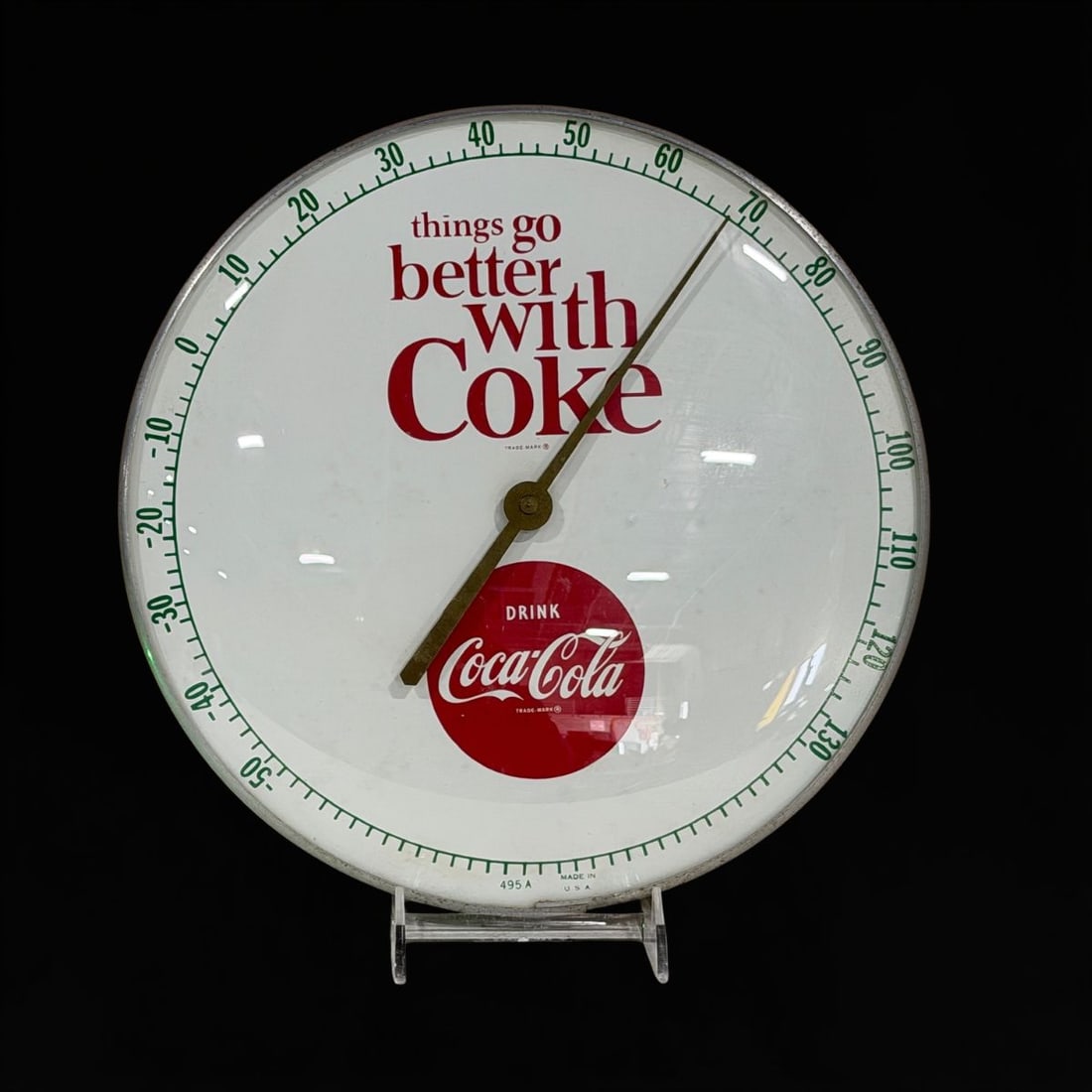 Things Go Better With Coke Coca Cola Soda Thermometer: Clean face works as it should. Marked 495A. 12" H. All items are eligible for free delivery to Rustbelt Americana in East Moline, IL on 8/6-7 or other shows that Richmond Auctions attends. Size 12" H 
