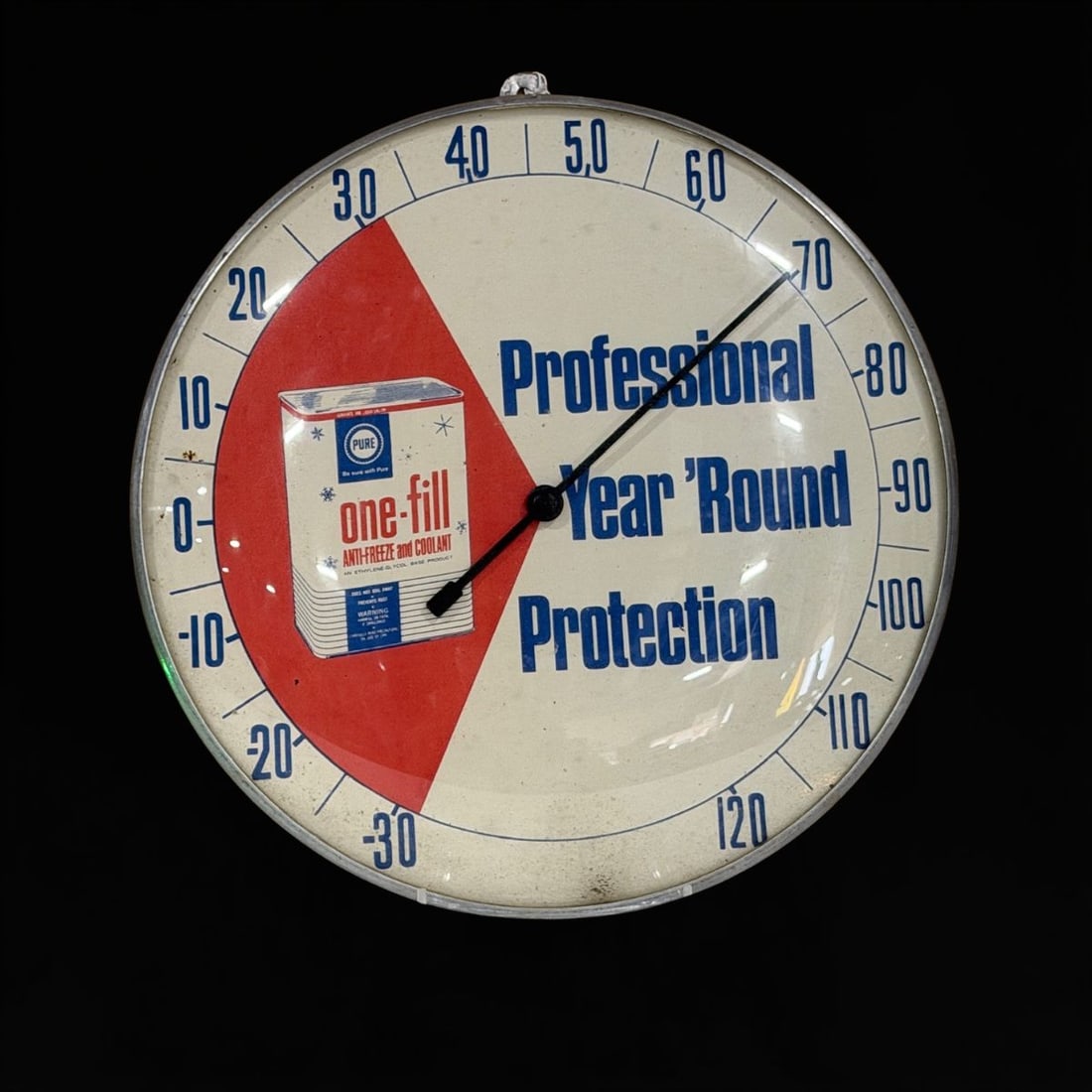 Pure One Fill Protection Thermometer: Wear on the face, but works as it should. 12" H. All items are eligible for free delivery to Rustbelt Americana in East Moline, IL on 8/6-7 or other shows that Richmond Auctions attends. Size 12" H Me