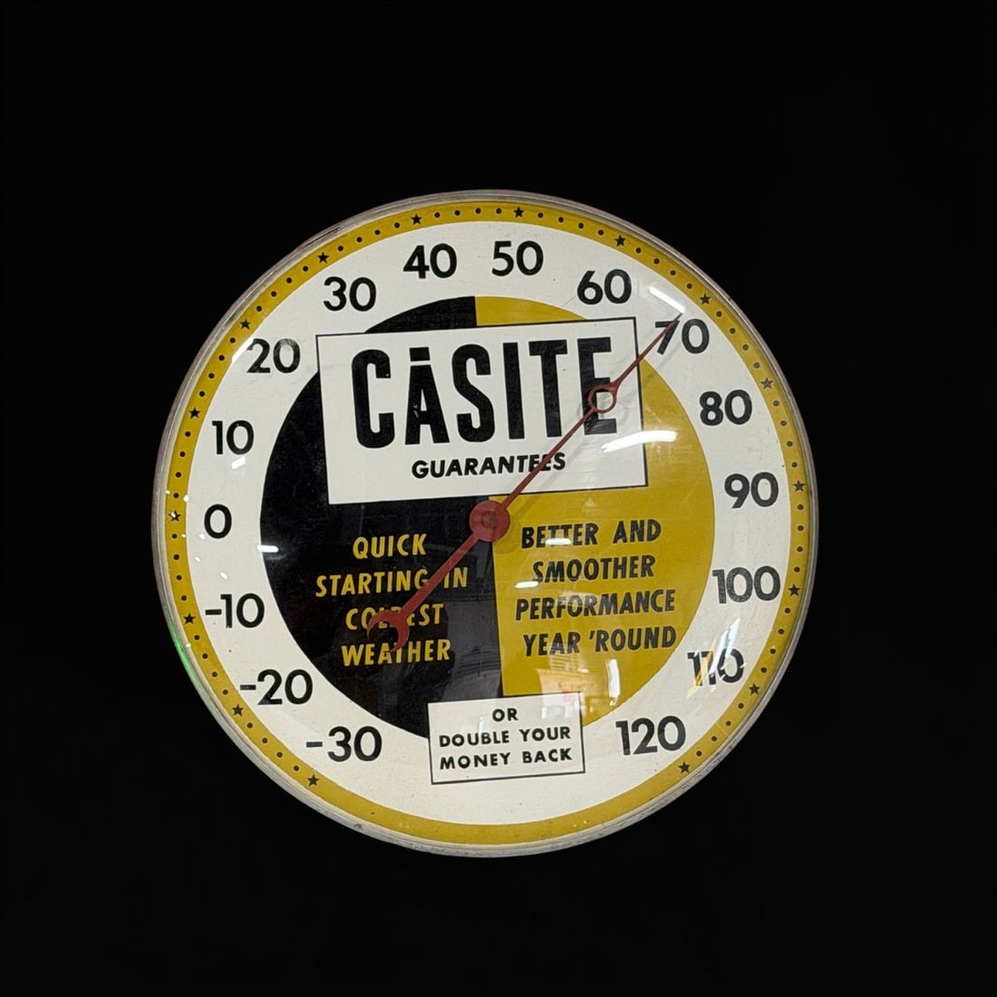 Casite Guarantees Quick Starting Thermometer: Clean face with good graphics, works as it should. 12" H. All items are eligible for free delivery to Rustbelt Americana in East Moline, IL on 8/6-7 or other shows that Richmond Auctions attends.