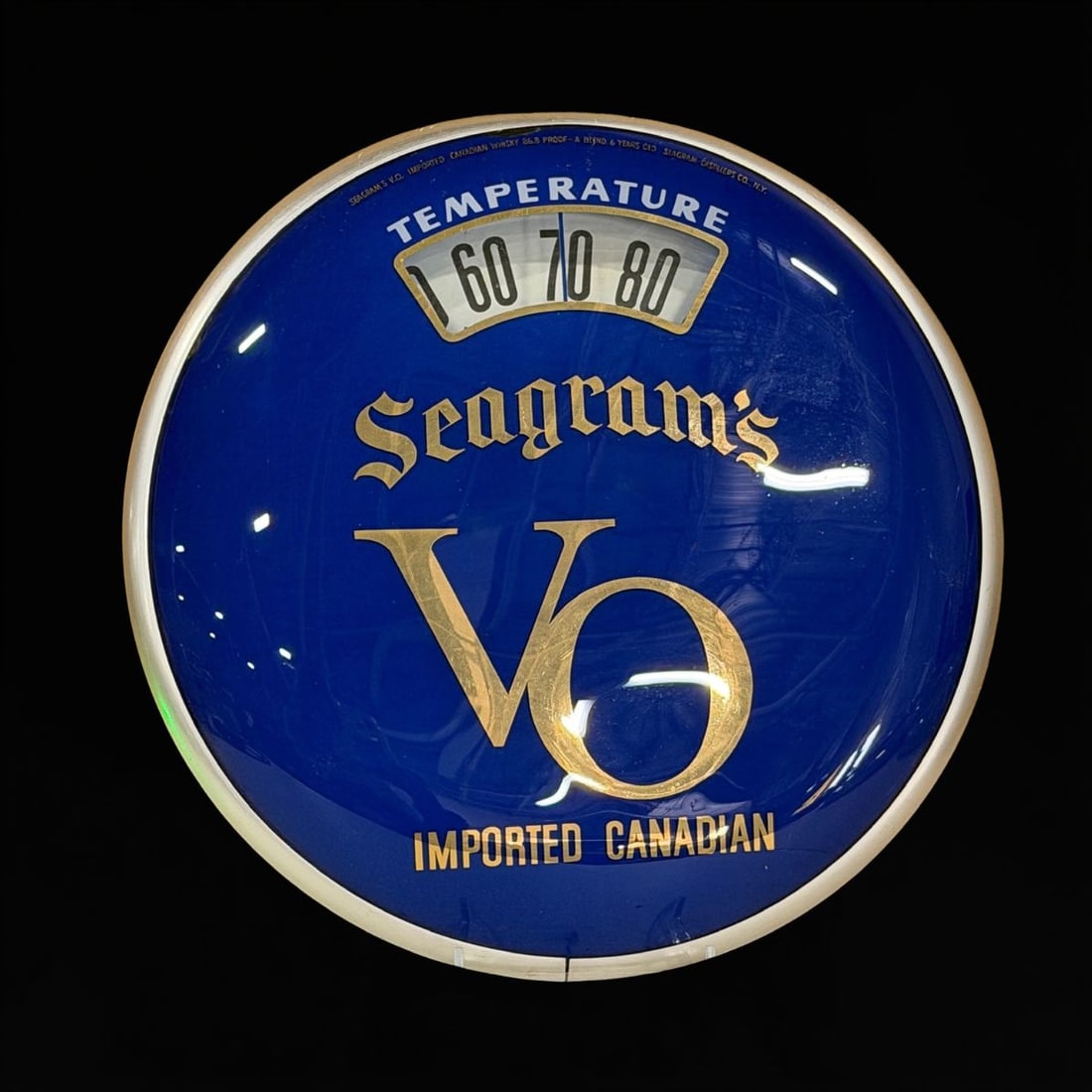 Seagram's VO Imported Canadian Scale Thermometer: Clean face with good graphics, works as it should. 12" H. All items are eligible for free delivery to Rustbelt Americana in East Moline, IL on 8/6-7 or other shows that Richmond Auctions attends.