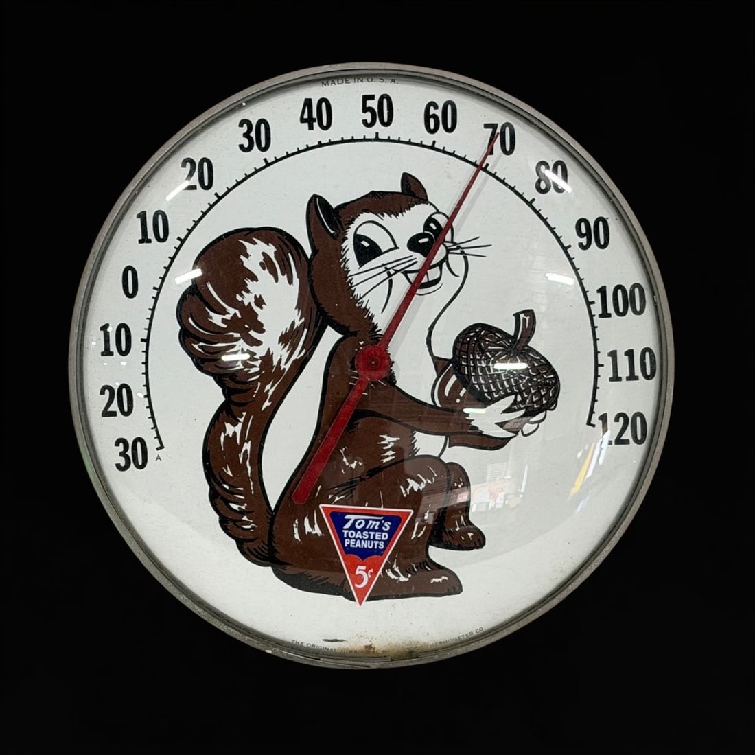 Toms Toasted Peanuts Thermometer: Wear on the face, but works as it should. 12" H. All items are eligible for free delivery to Rustbelt Americana in East Moline, IL on 8/6-7 or other shows that Richmond Auctions attends. Size 12" H Me
