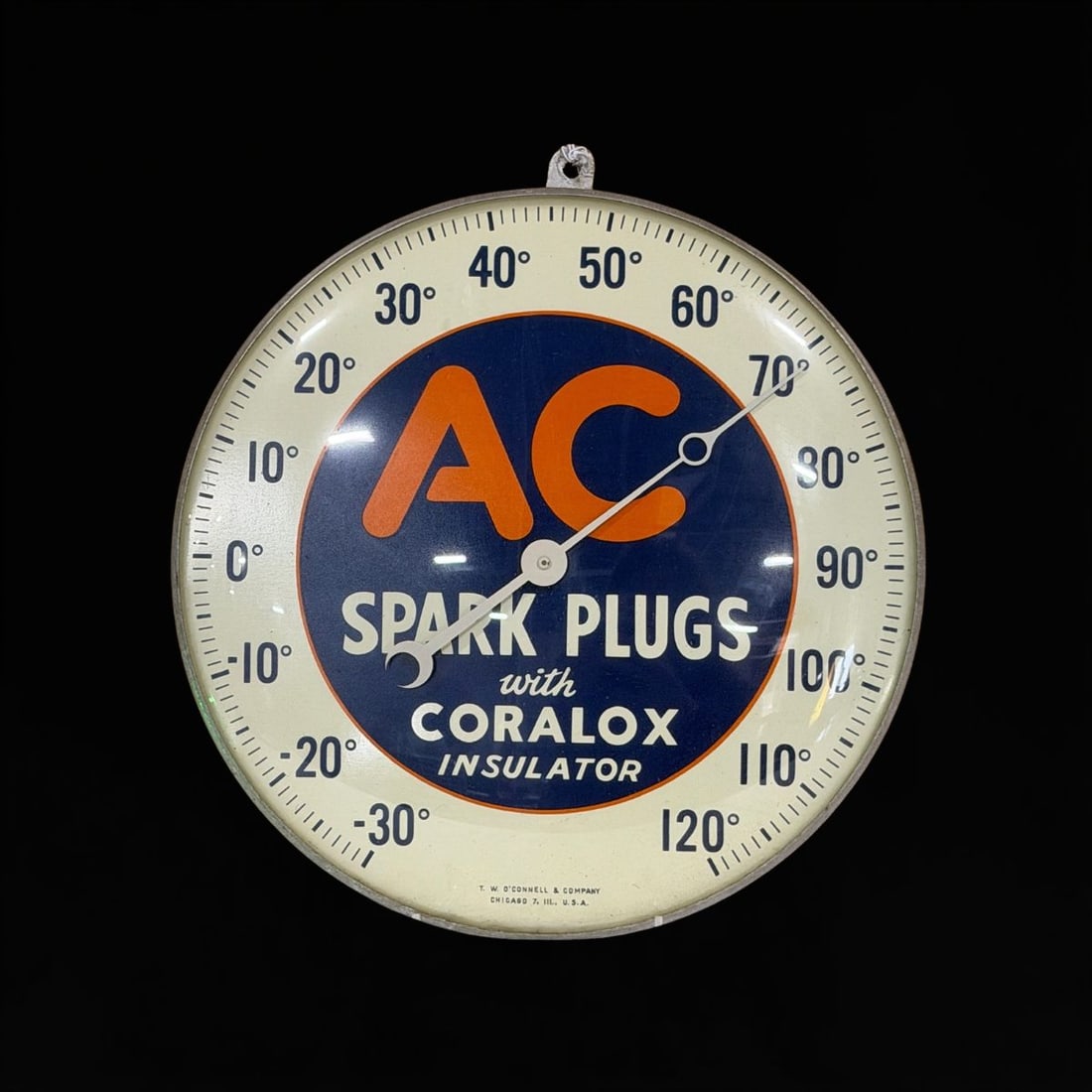 Ac Spark Plugs With Coralox Thermometer: Clean face works as it should. O'connel makers mark. 12" H. All items are eligible for free delivery to Rustbelt Americana in East Moline, IL on 8/6-7 or other shows that Richmond Auctions attends.