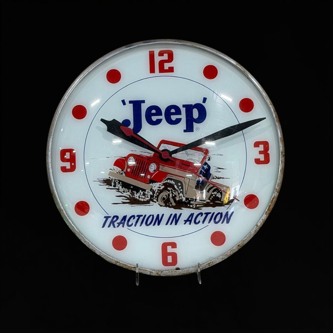 Jeep Traction In Action Pam Clock: Lights up and mechanism works. Clean face. 15" H. All items are eligible for free delivery to Rustbelt Americana in East Moline, IL on 8/6-7 or other shows that Richmond Auctions attends. Size 15" H M