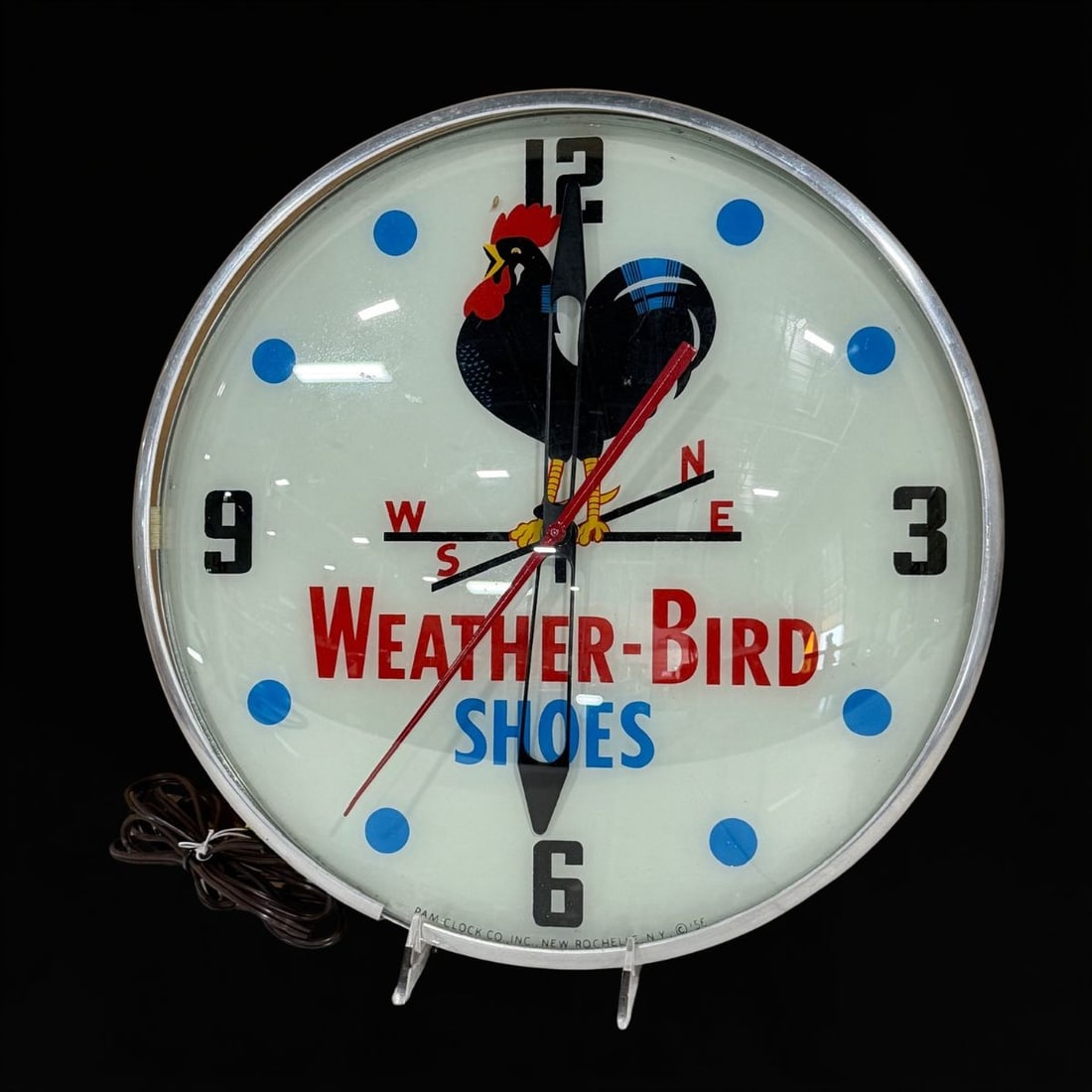 Weather Bird Shoes Pam Clock: Light comes on and clock mechanism is working.. 15" H x 15" W x 3" D. All items are eligible for free delivery to Rustbelt Americana in East Moline, IL on 8/6-7 or other shows that Richmond Auctions a