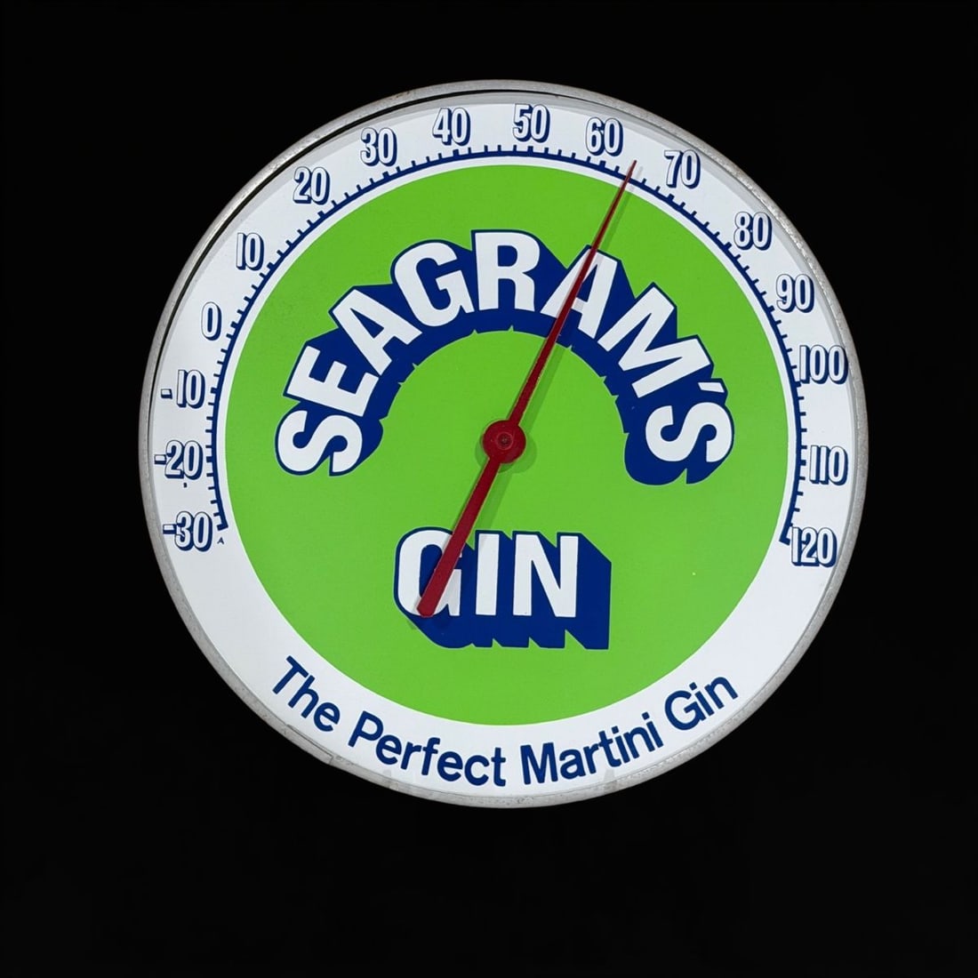 Seagram's Gin Thermometer: Missing front glass but does work. 12" H. All items are eligible for free delivery to Rustbelt Americana in East Moline, IL on 8/6-7 or other shows that Richmond Auctions attends. Size 12" H Medium
