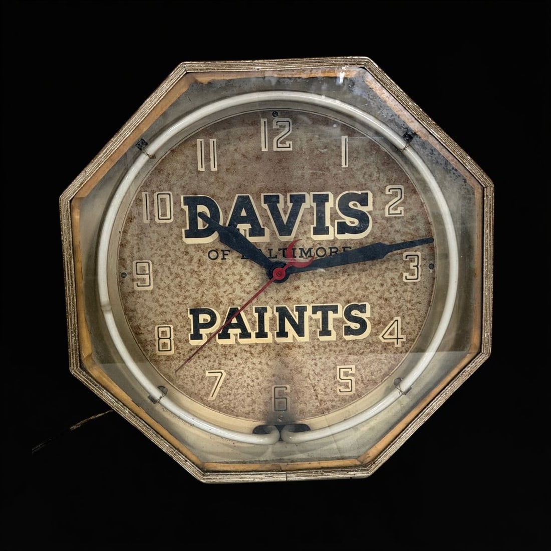 Davis Paints Neon Clock: Neon doesn't work, clock mechanism does. Heavy wear throughout. 18" H x 18" W x 6" D. All items are eligible for free delivery to Rustbelt Americana in East Moline, IL on 8/6-7 or other shows that