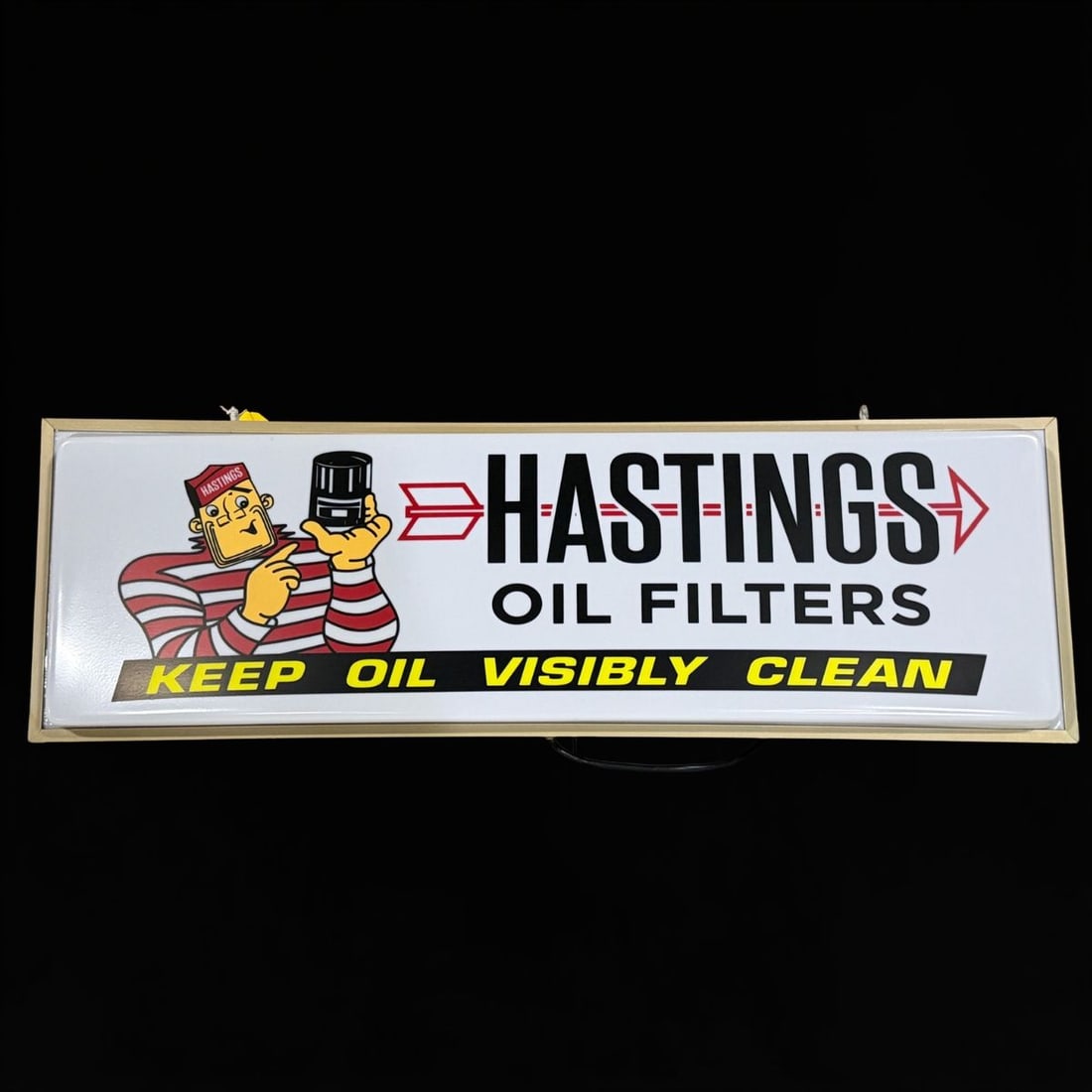 Hastings Oil Filters Light Up Sign: Lights up well, face has shelf wear but presents great!. 38" H x 12" W x 5" D. All items are eligible for free delivery to Rustbelt Americana in East Moline, IL on 8/6-7 or other shows that Richmond