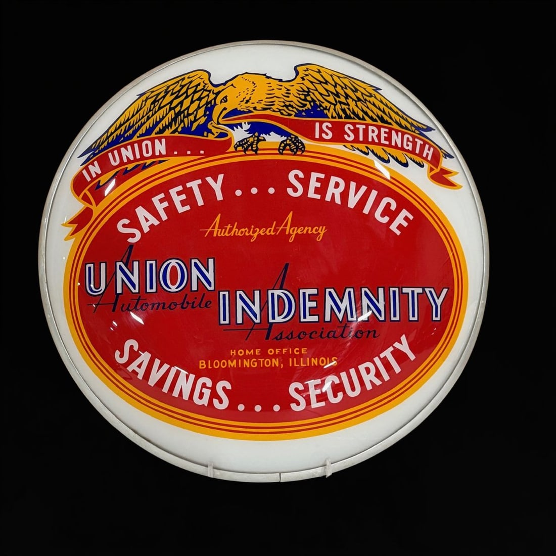 Union Indemnity Safety Service Light Up: Lights up as it should. Clean face with only shelf wear present. 15" H. All items are eligible for free delivery to Rustbelt Americana in East Moline, IL on 8/6-7 or other shows that Richmond