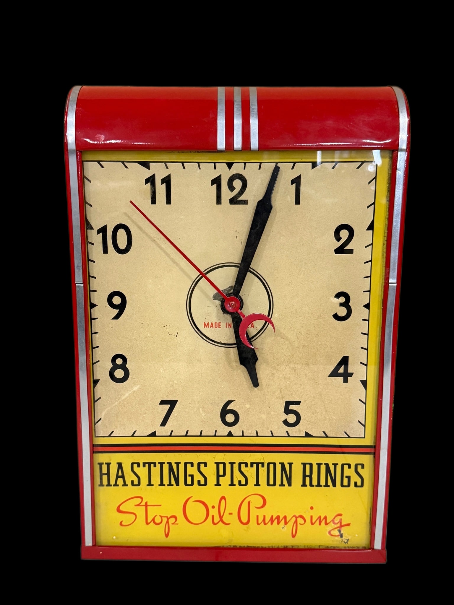 Hasting Piston Ring Clock: Glass face missing. Lights up but mechanism does not work. Face has paint loss. 12" H x 18" W x 4" D. All items are eligible for free delivery to Rustbelt Americana in East Moline, IL on 8/6-7 or othe