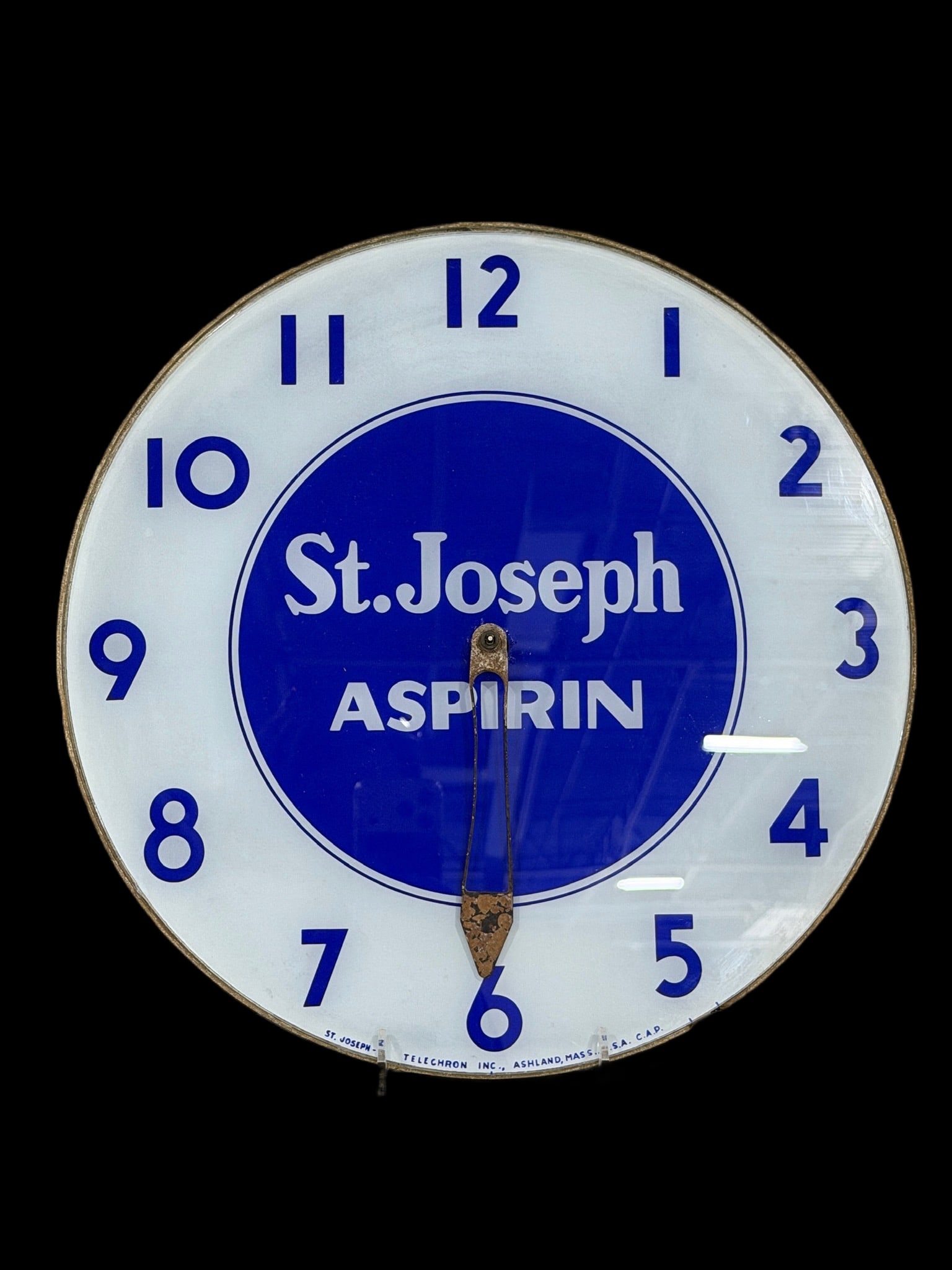 St Joseph Asprin Clock: Missing glass, no cord, no clue if anything works. 15" H. All items are eligible for free delivery to Rustbelt Americana in East Moline, IL on 8/6-7 or other shows that Richmond Auctions attends. Size