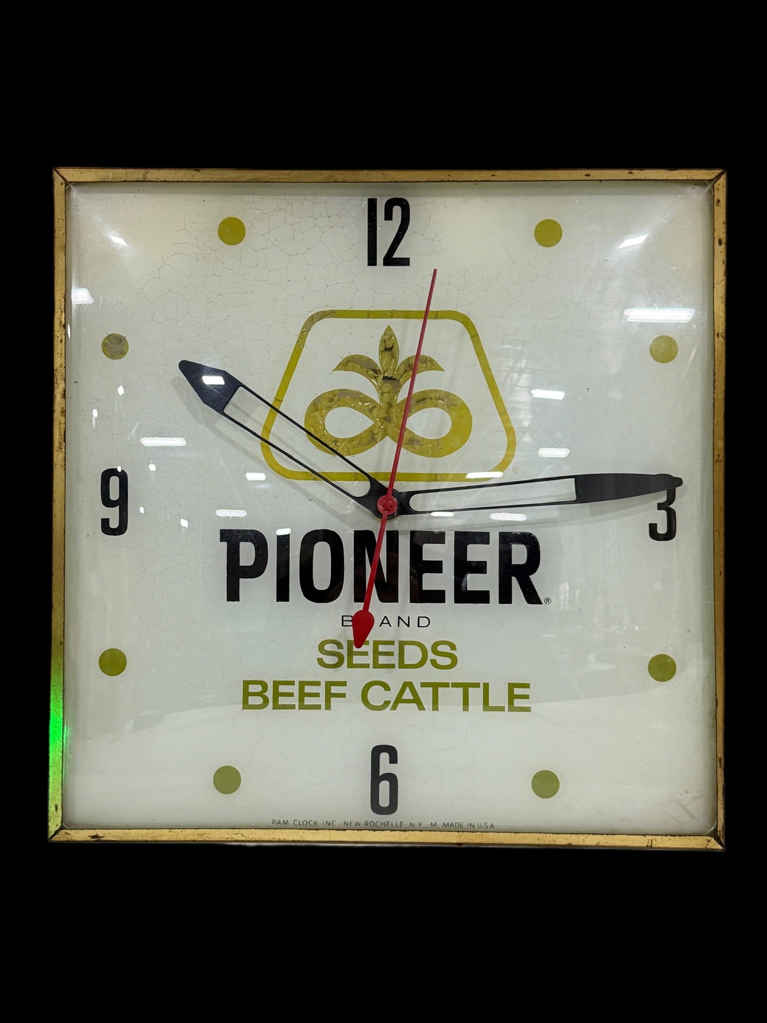 Pioneer Brand Seeds Beef Cattle Clock: Lights up but clock mechanism does not work. Face has paint cracking throughout and browning in corners. 16" H. All items are eligible for free delivery to Rustbelt Americana in East Moline, IL on 8/6