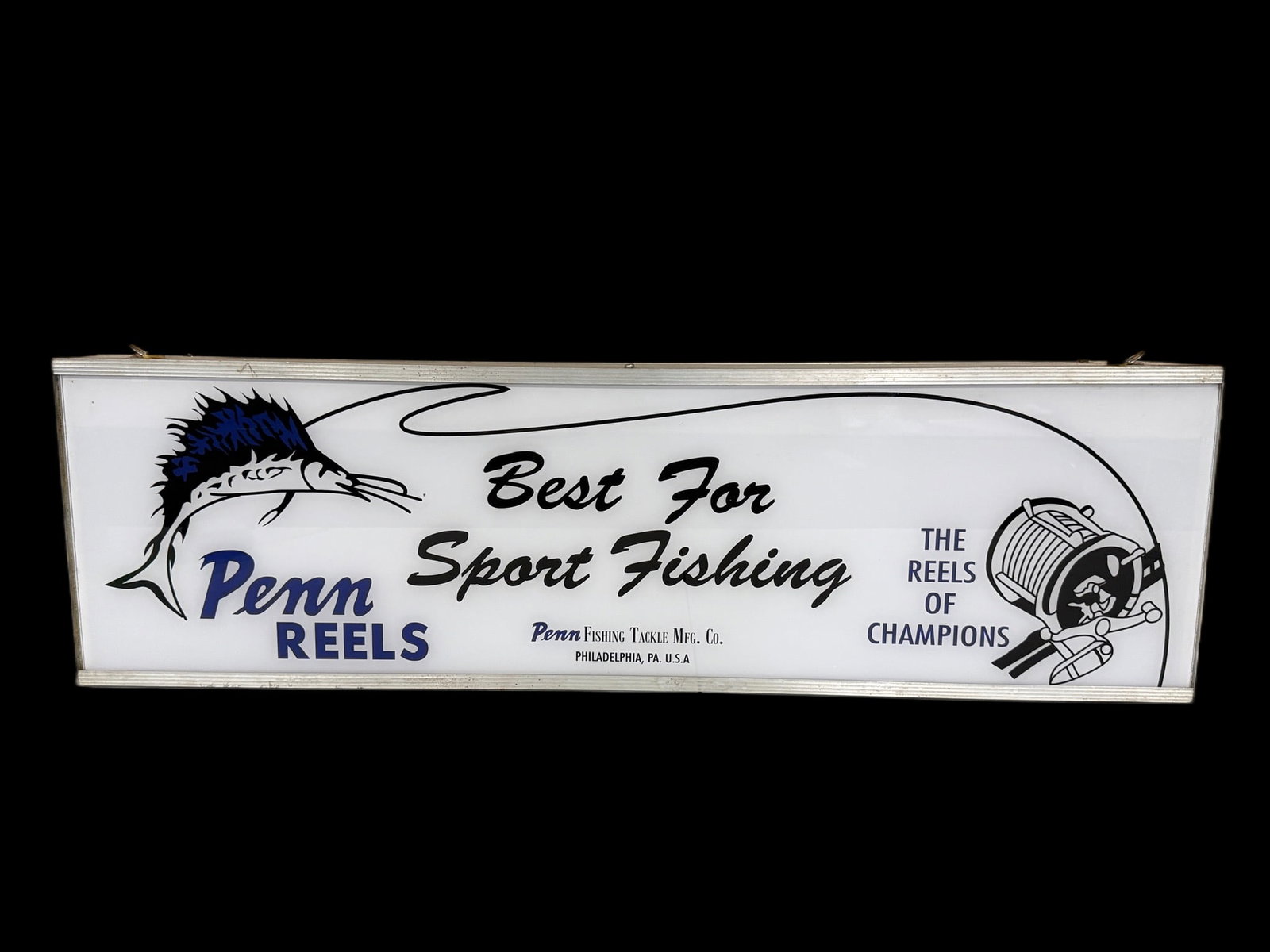Penn Reels Best For Sport Fishing Light Up Sign: Does light up. Face has light scratching throughout. 36" H x 11" W x 3" D. All items are eligible for free delivery to Rustbelt Americana in East Moline, IL on 8/6-7 or other shows that Richmond