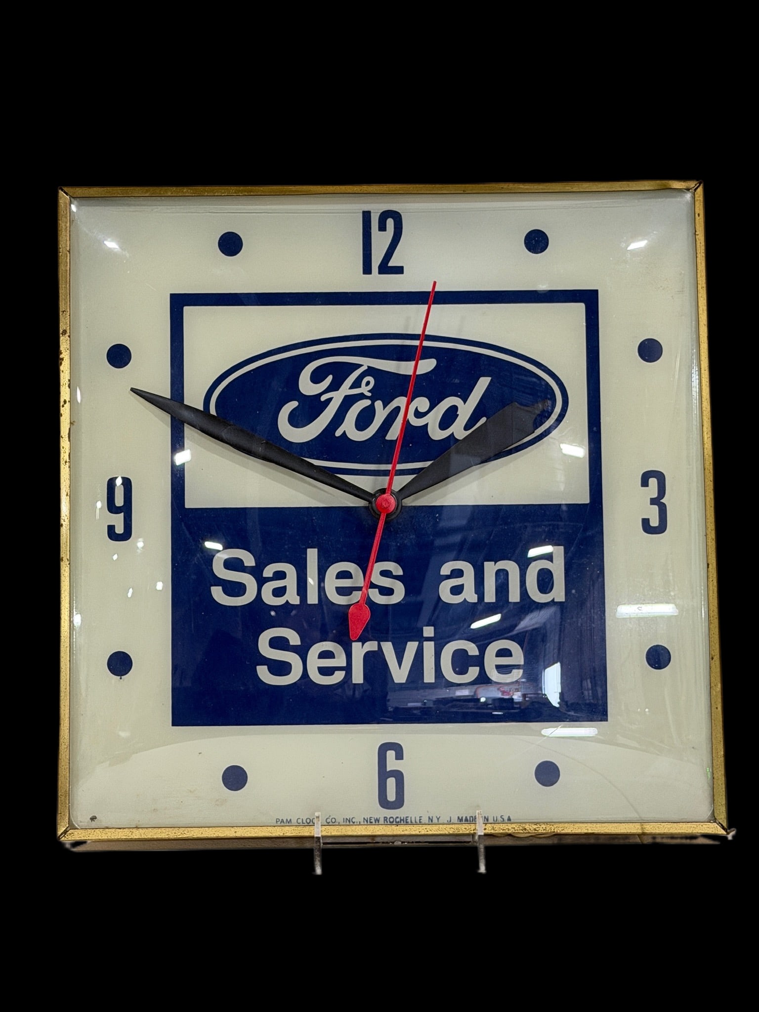 Ford Sales And Service Light Up Pam Clock: Lights work and mechanism functions. Face has shelf wear but presents nicely. 15" H x 15" W. All items are eligible for free delivery to Rustbelt Americana in East Moline, IL on 8/6-7 or other shows t