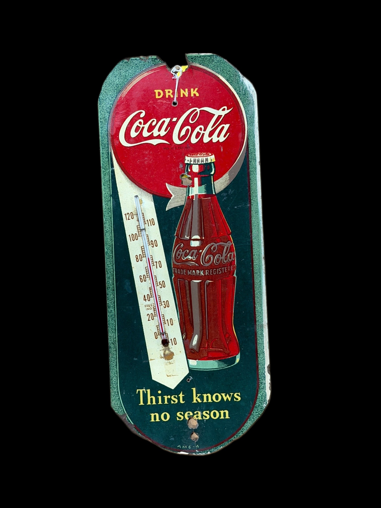 Coca Cola Coke Soda Thermometer: Tube reads 20 degrees high. Marked AM 6-4. Very rough condition with pieces missing at the top and a hole in center. 17" H x 7" W. All items are eligible for free delivery to Rustbelt Americana in