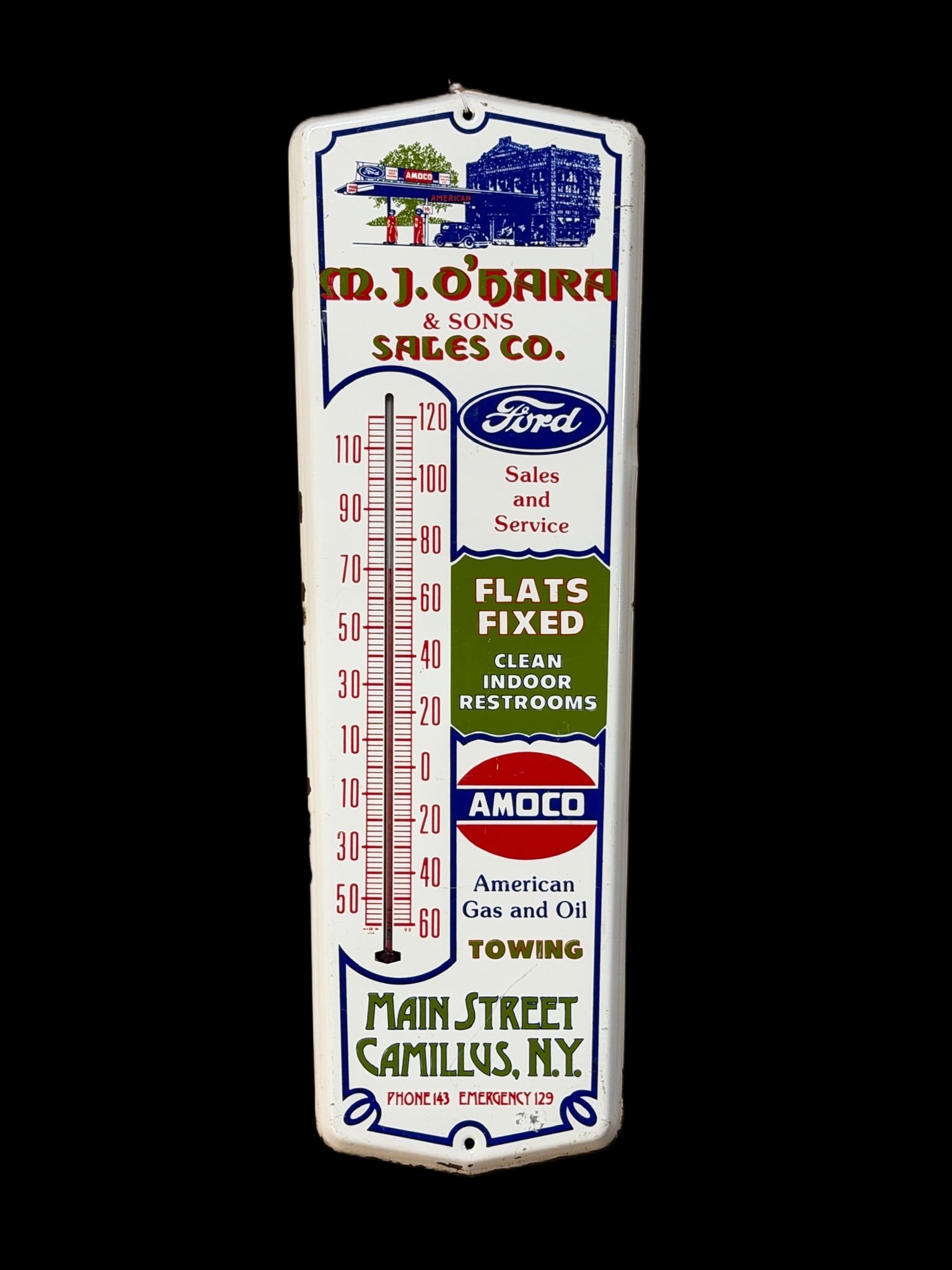 Ford Amoco Restroom Thermometer: Thermometer works. Chipping around edges and light scratches on face. 24" H x 8" W. All items are eligible for free delivery to Rustbelt Americana in East Moline, IL on 8/6-7 or other shows that