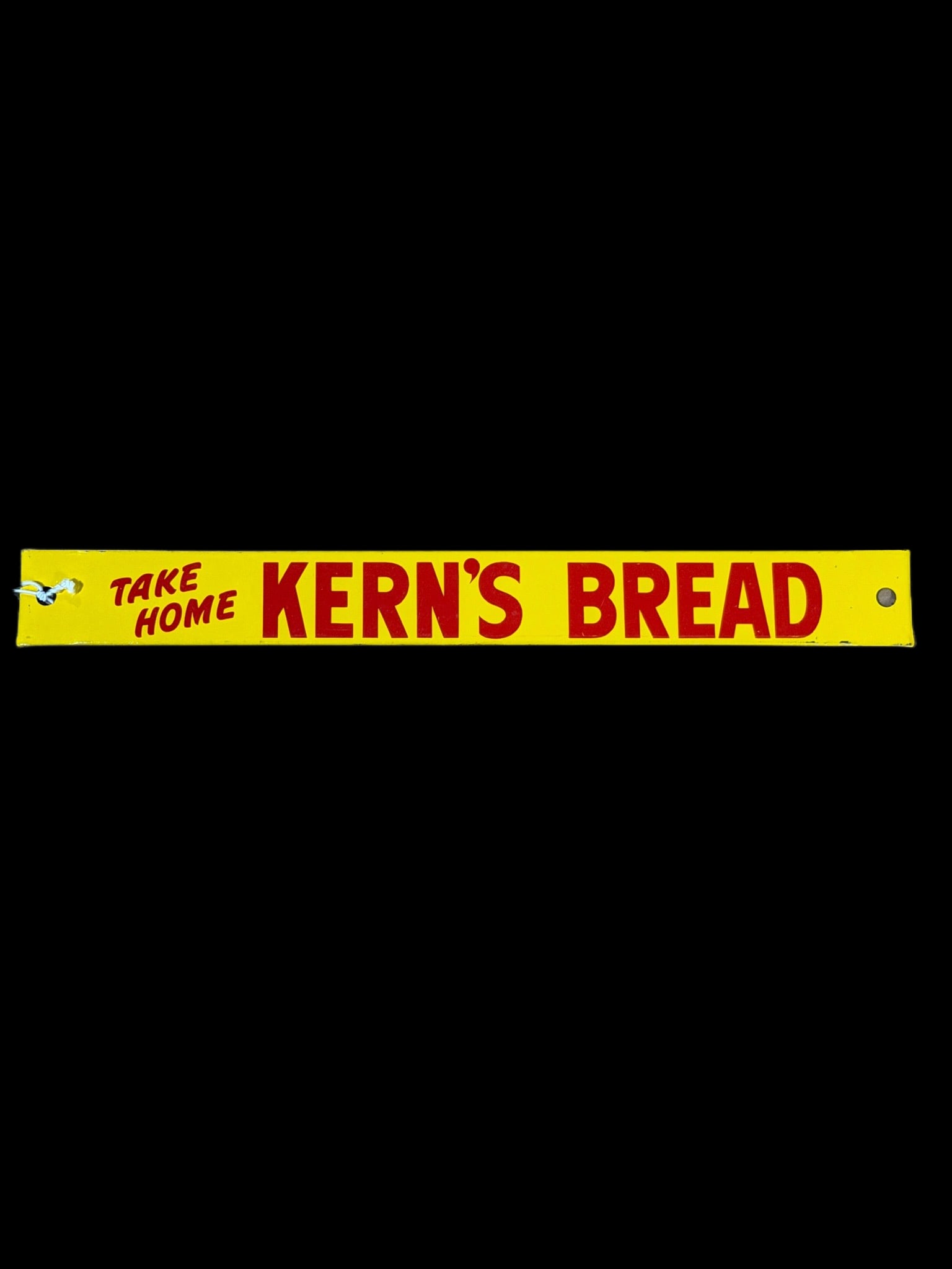 Kern's Bread Small Sign: Clean, but small. Light wear around edges. 10" H x 1" W. All items are eligible for free delivery to Rustbelt Americana in East Moline, IL on 8/6-7 or other shows that Richmond Auctions attends. Size