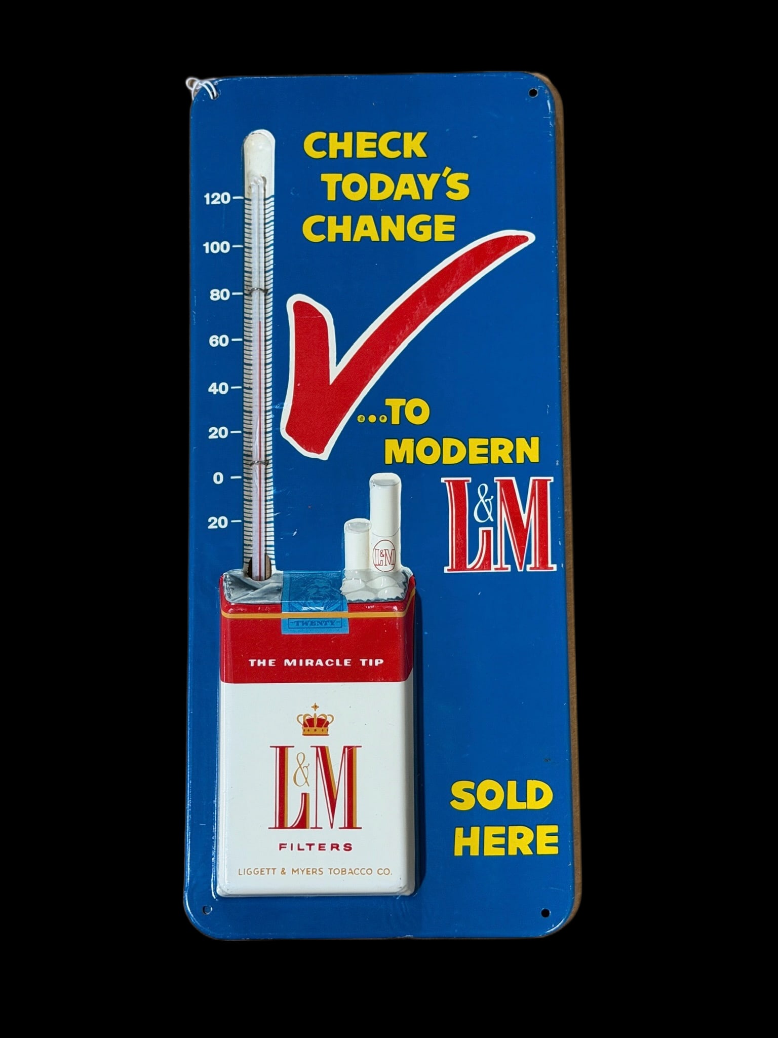L&M Cigarettes Tobacco Thermometer: Thermometer works. L&M is raised 1�. Displays well but appears to have original paper marks on top half. 14" H x 6" W x 1" D. All items are eligible for free delivery to Rustbelt Americana in