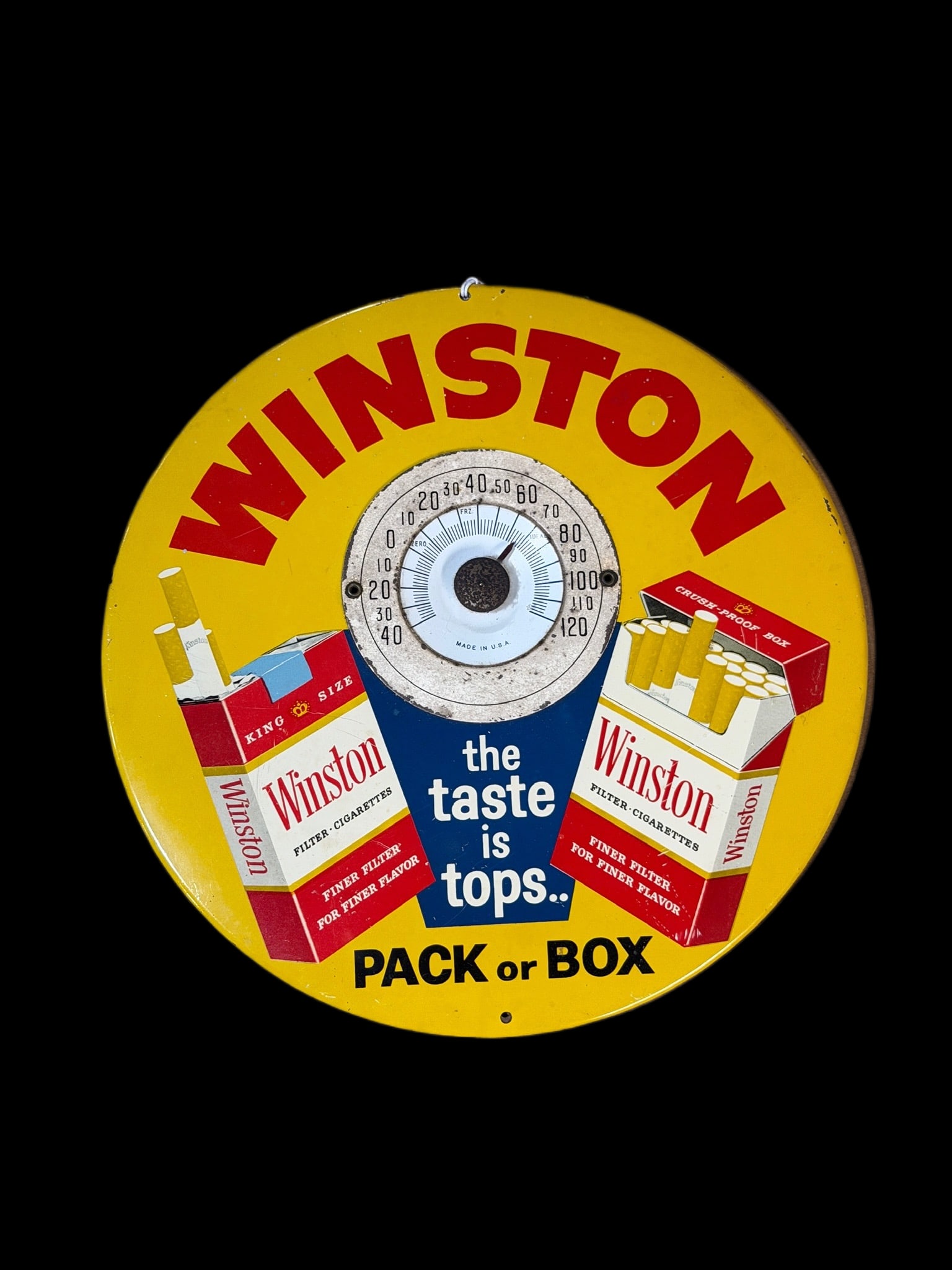 Winston The Taste Is Tops Cigarette Thermometer: Sartin marked. Thermometer functions. Light shelf wear throughout. 9" H. All items are eligible for free delivery to Rustbelt Americana in East Moline, IL on 8/6-7 or other shows that Richmond